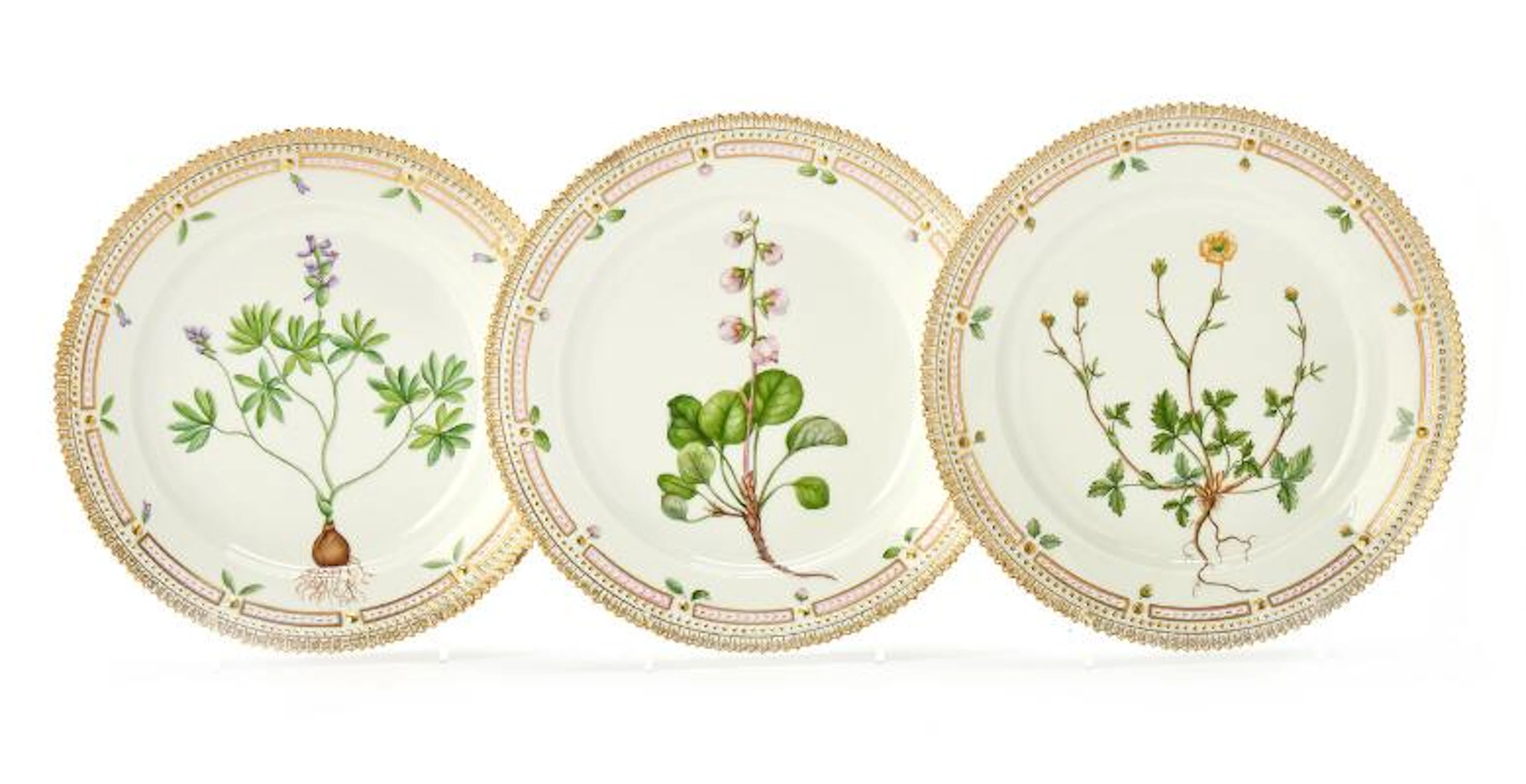 'Flora Danica' three enamelled and gilt porcelain lunch plates. Royal