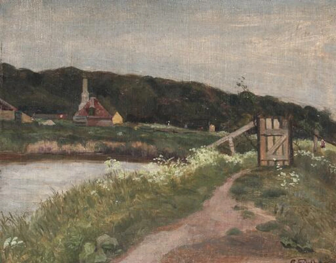 Unknown painter, 19th century: Landscape by a lake. Indistinctly signed.