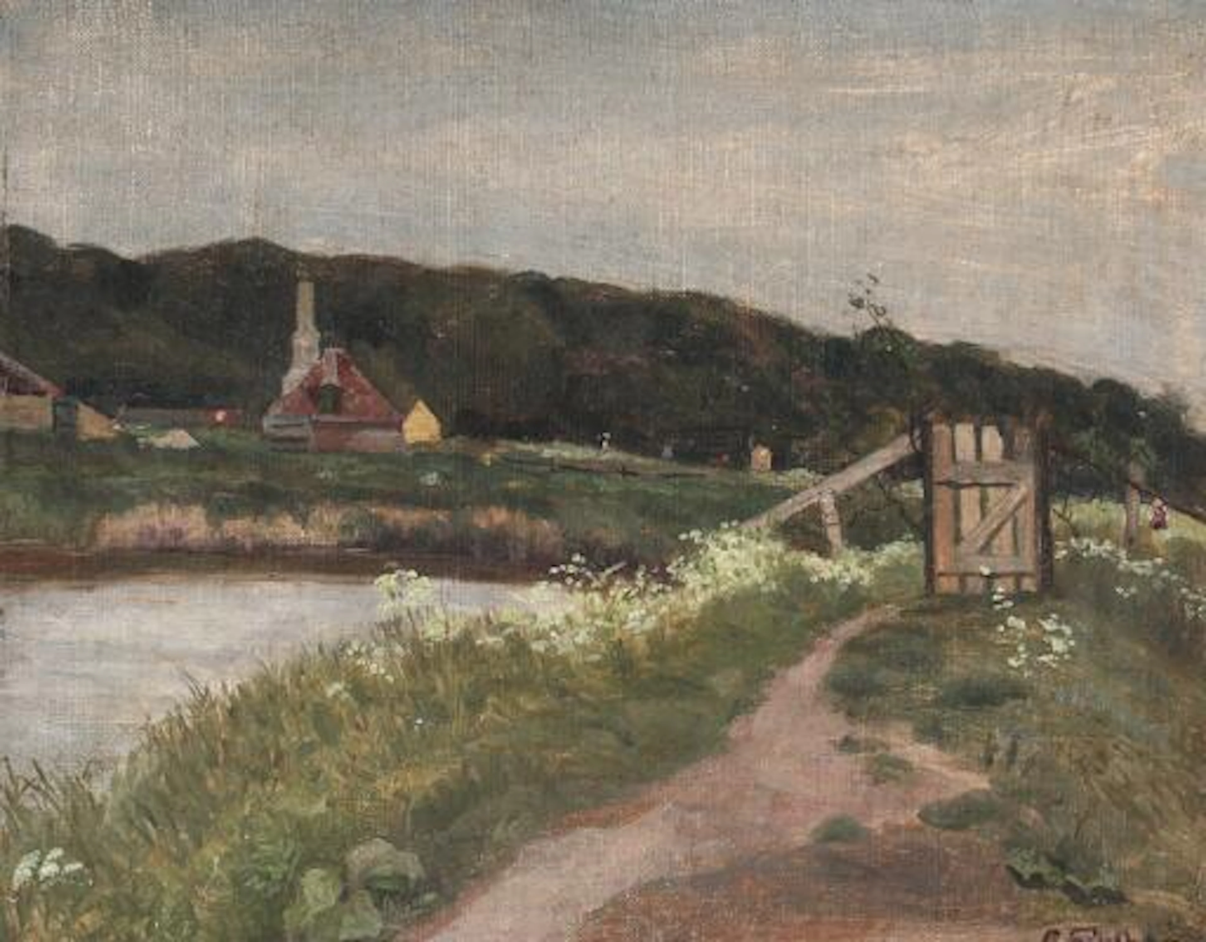 Unknown painter, 19th century: Landscape by a lake. Indistinctly signed.