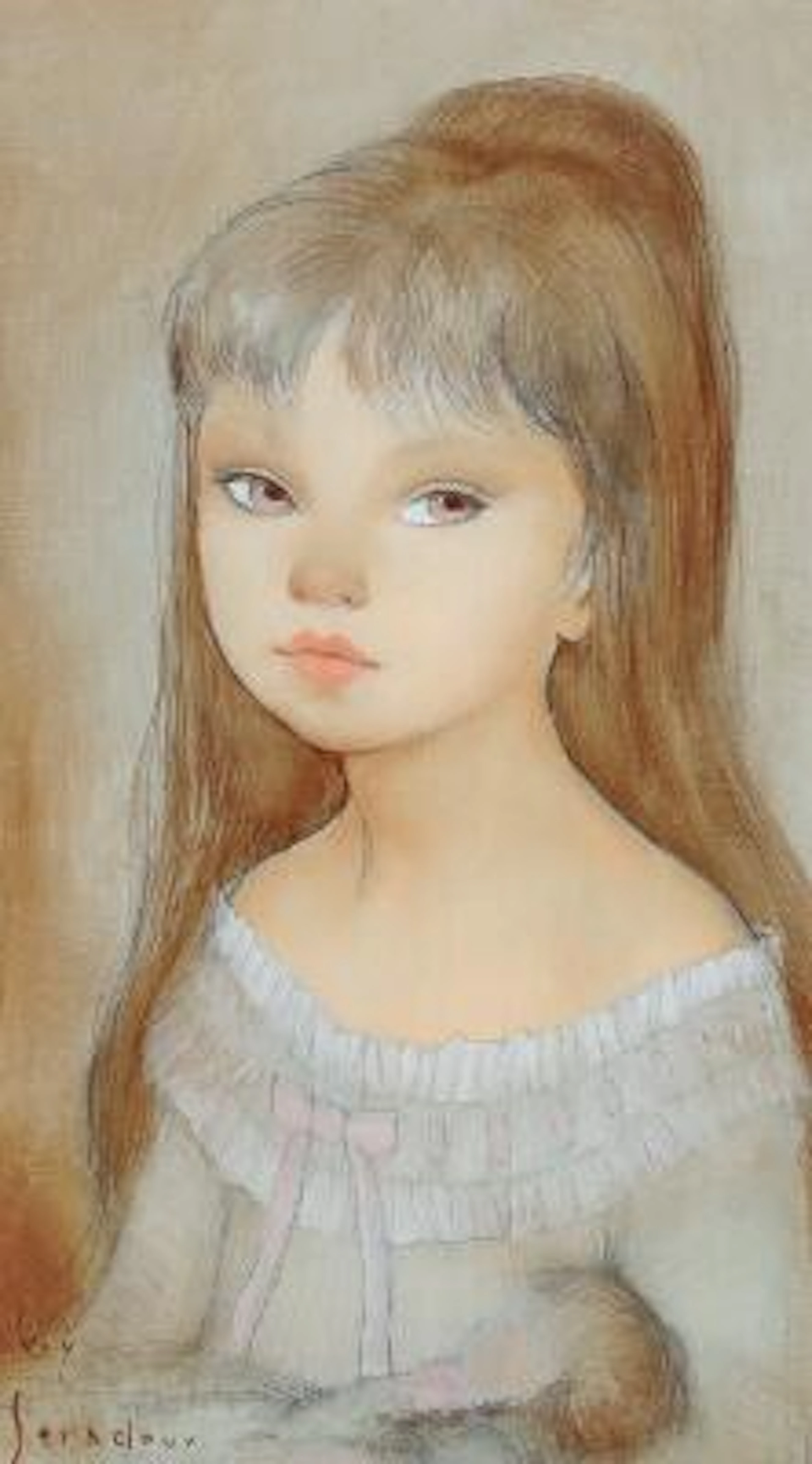 Guy Séradour: Girl with a Doll. Signed Guy Seradour. Oil and pencil
