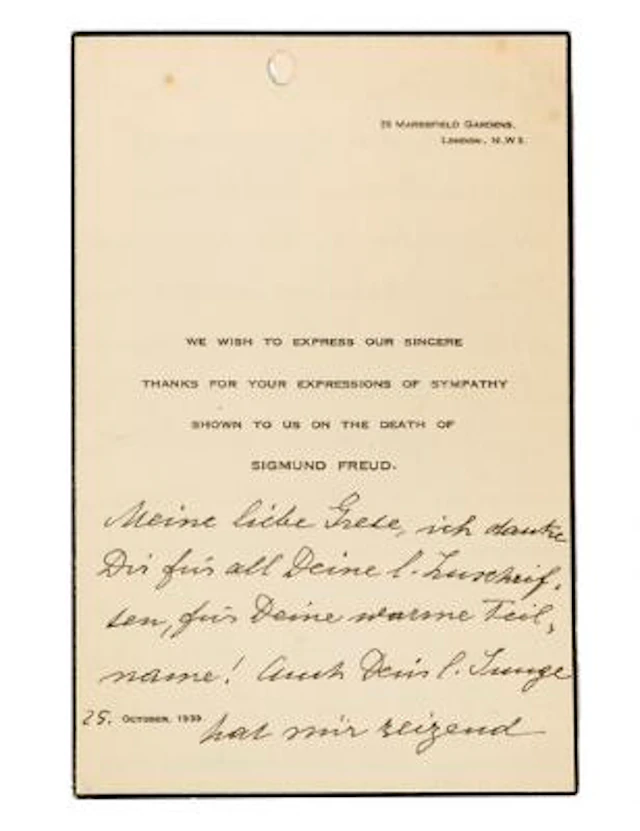A card sent following the death of Sigmund Freud in London. 15 x 10