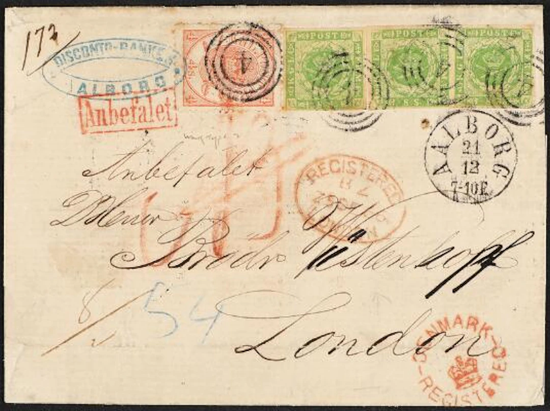1854. 3 x 8 sk. green (pair + single stamp) and 4 sk. red (1864).