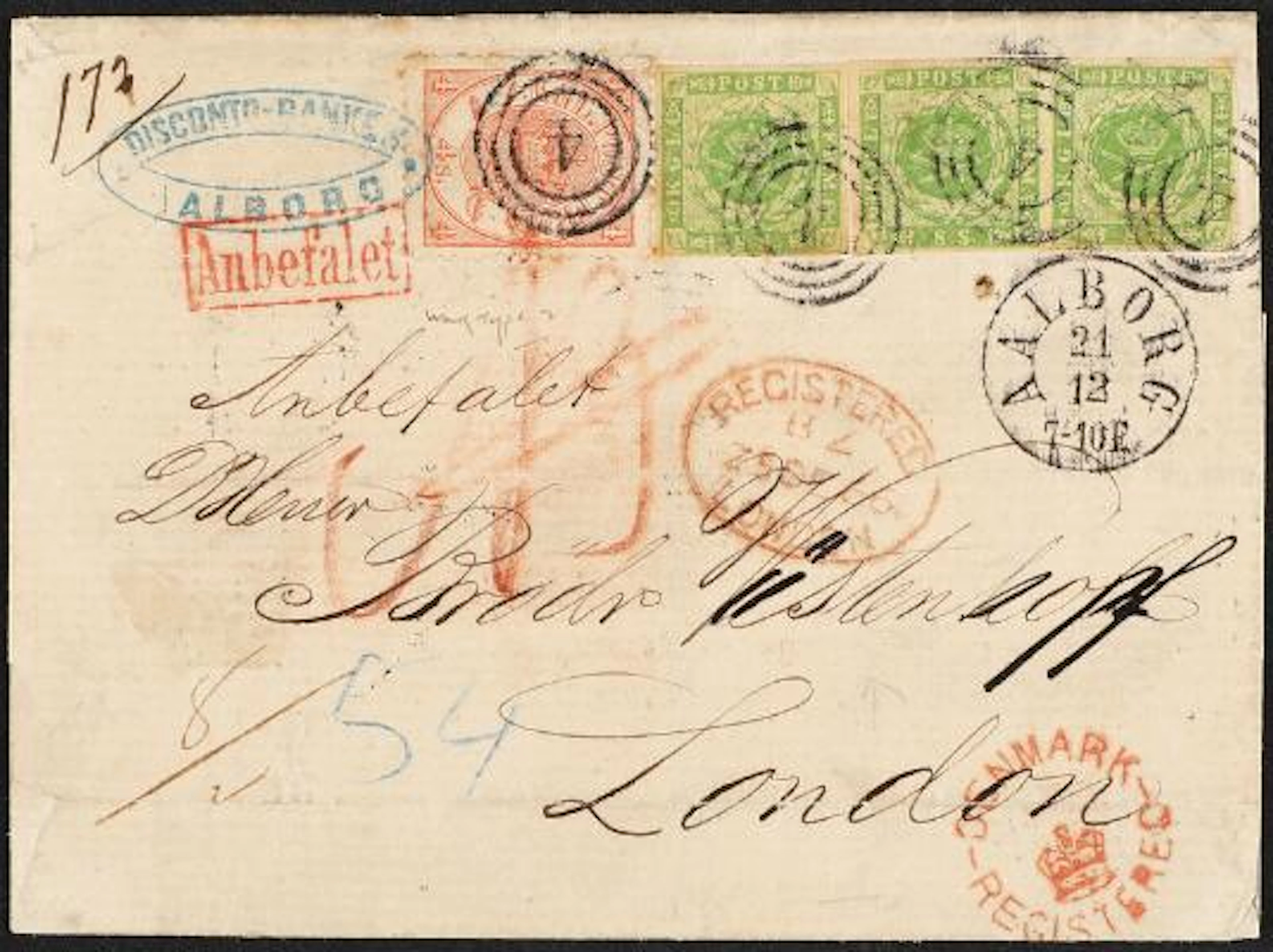 1854. 3 x 8 sk. green (pair + single stamp) and 4 sk. red (1864).