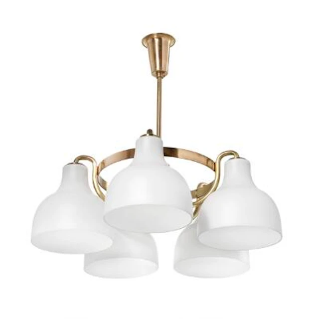Vilhelm Lauritzen: Patinated brass chandelier. Five opaline glass