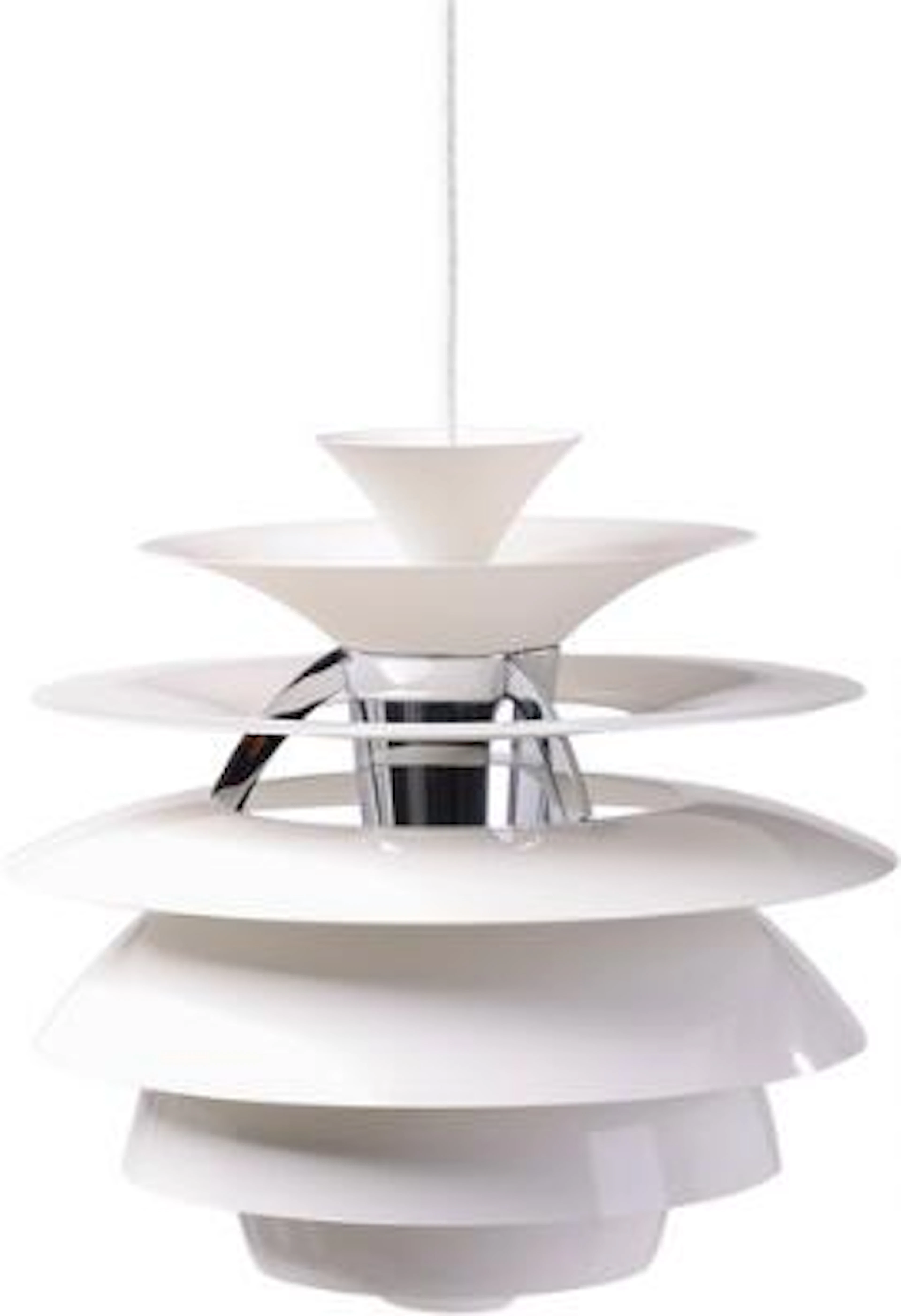 Poul Henningsen: "Snow ball". Pendant with white lacquered metal lamellas.