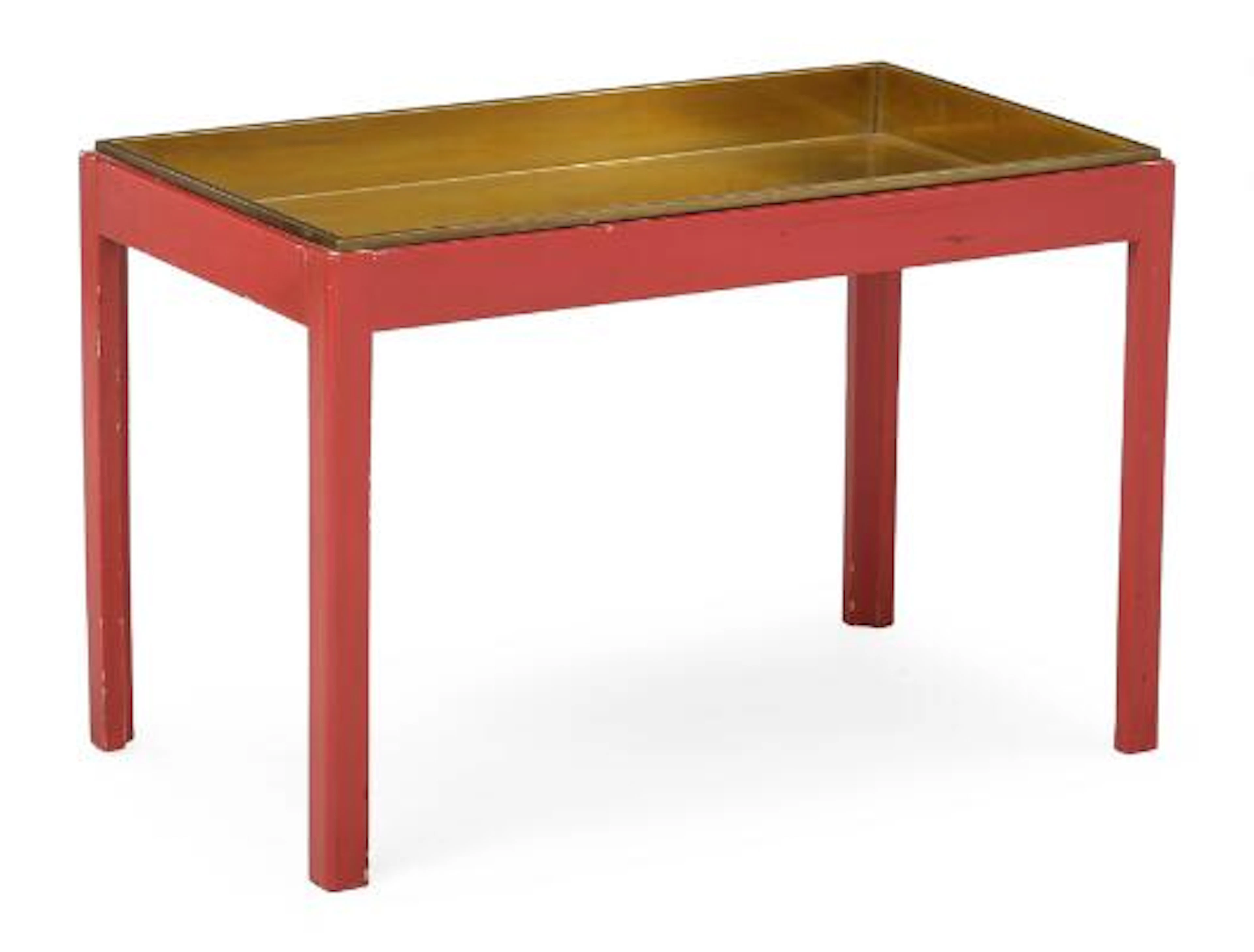Danish furniture design: Side table in red-lacquered wood. Brass tray/insert.