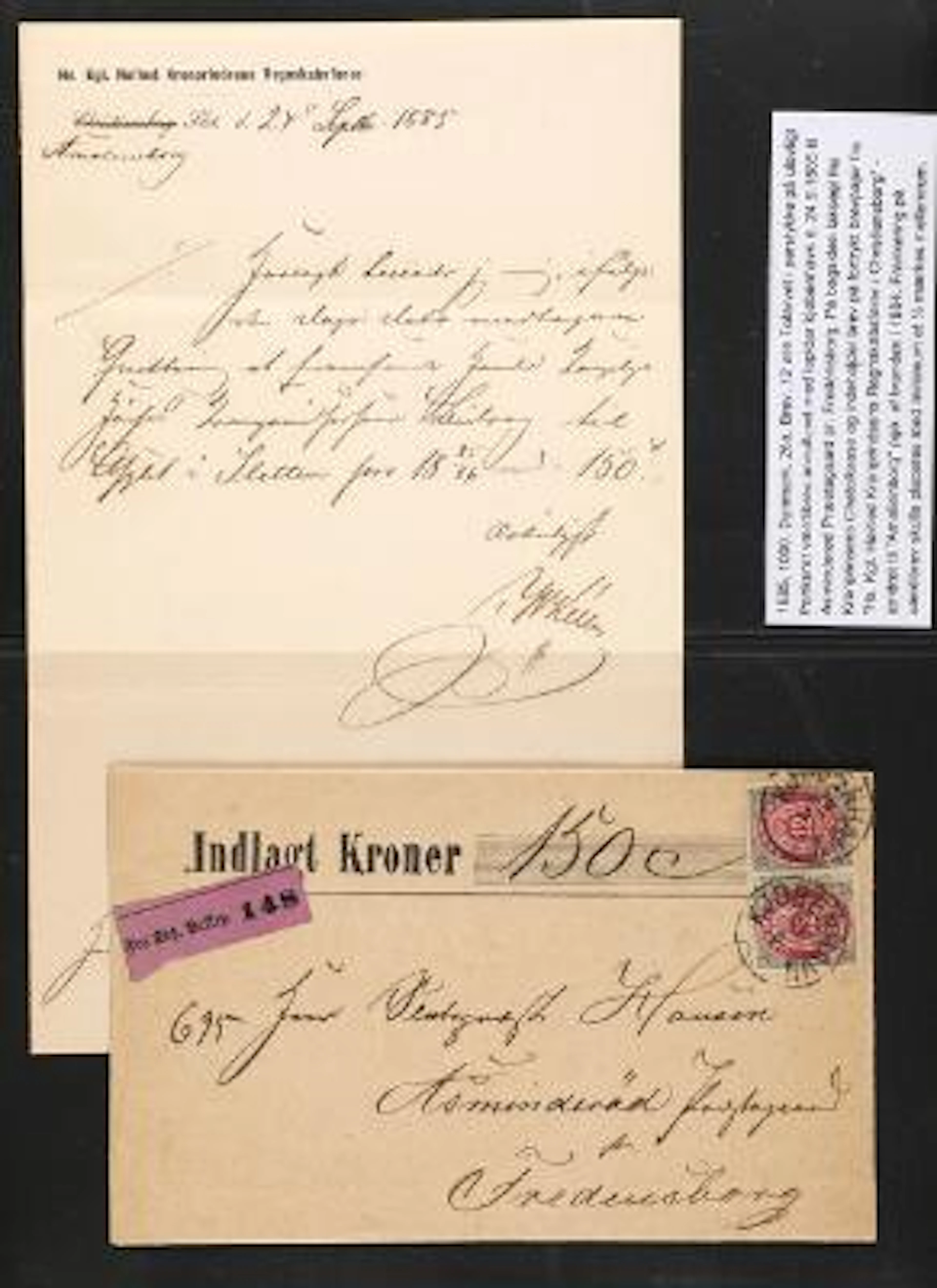 1875. 12 Øre, grey/red. Pair on moneyletter from Copenhagen to Fredensborg.