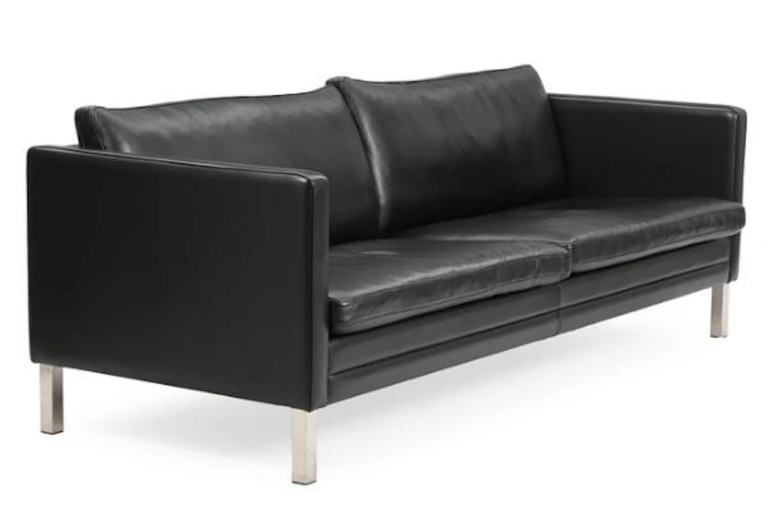 Mogens Hansen: Three-seater sofa with brushed steel legs, upholstered