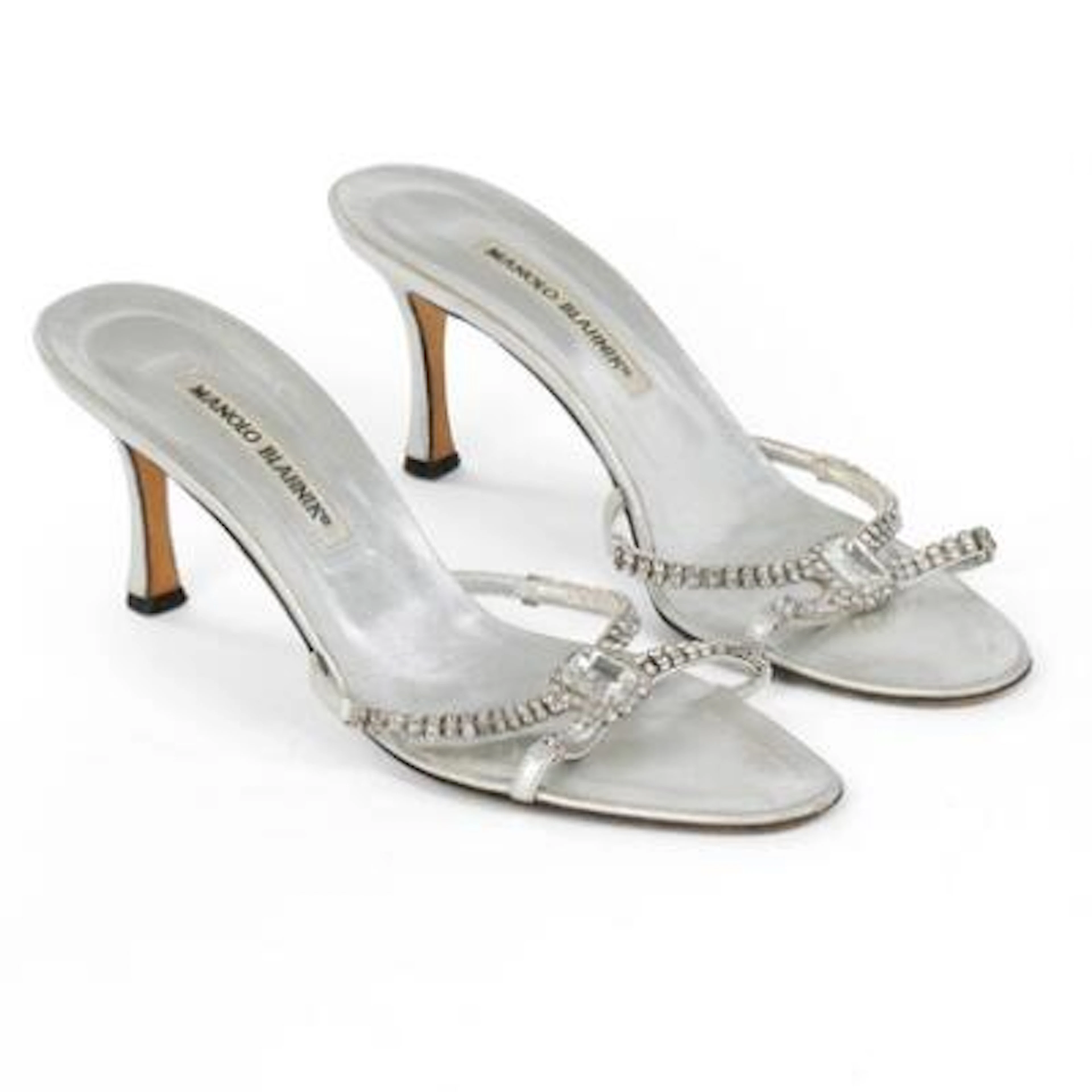 Manolo Blahnik: "Crystal Buckle Strappy Mules" high-heeled sandals