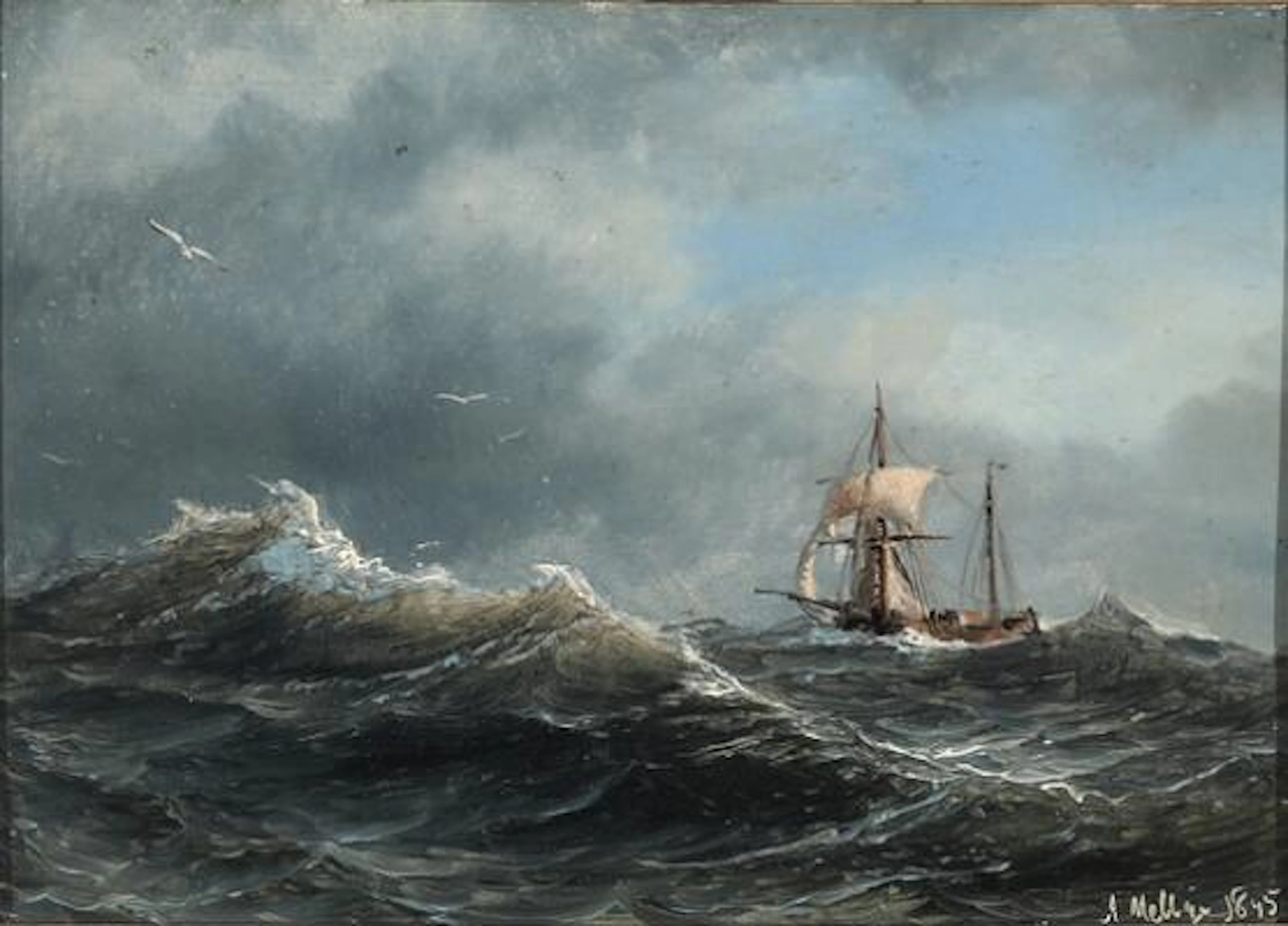 Anton Melbye: Seascape with a sailling ship at high sea. Signed and
