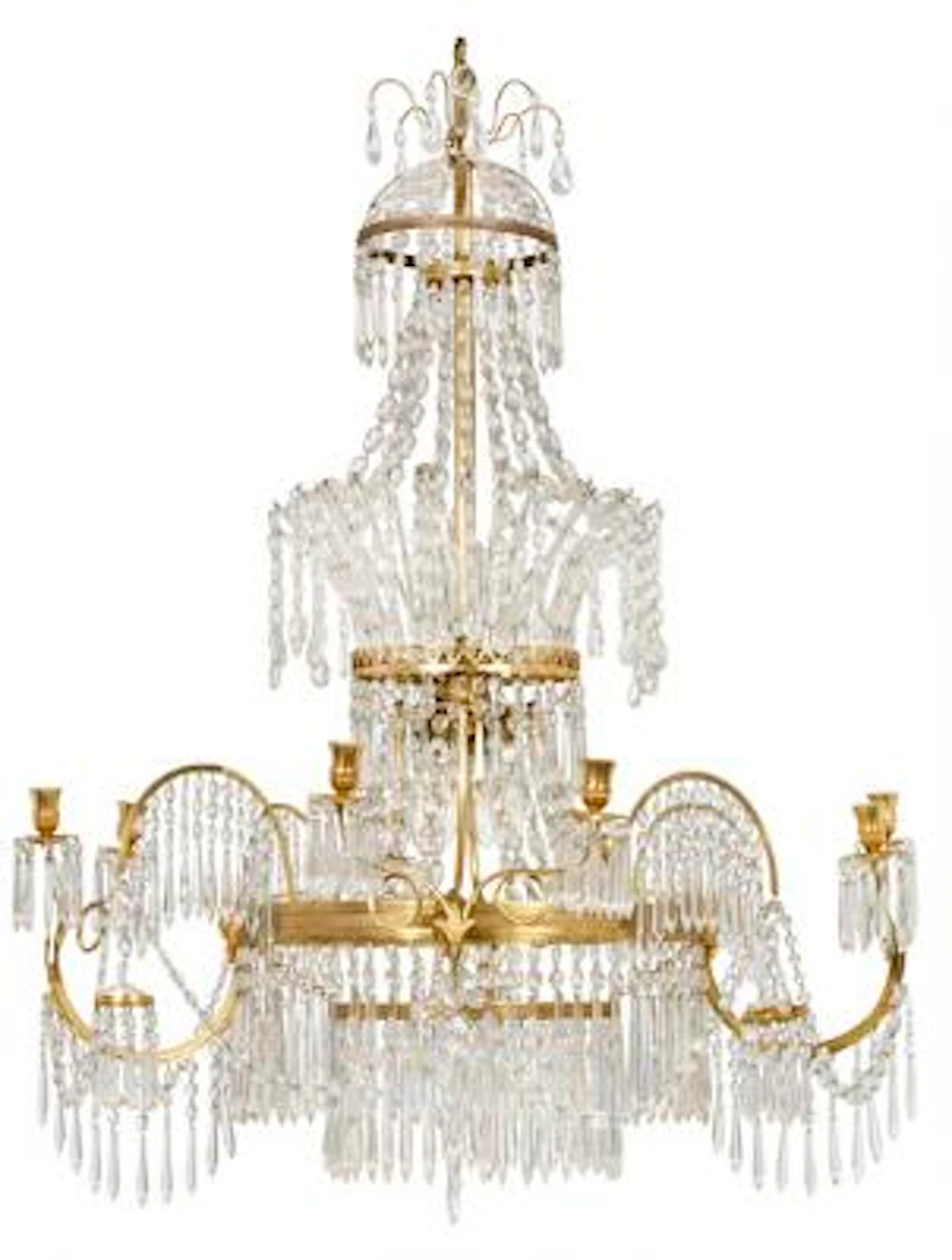 A north European gilt bronze, cut glass and crystal eight light chandelier