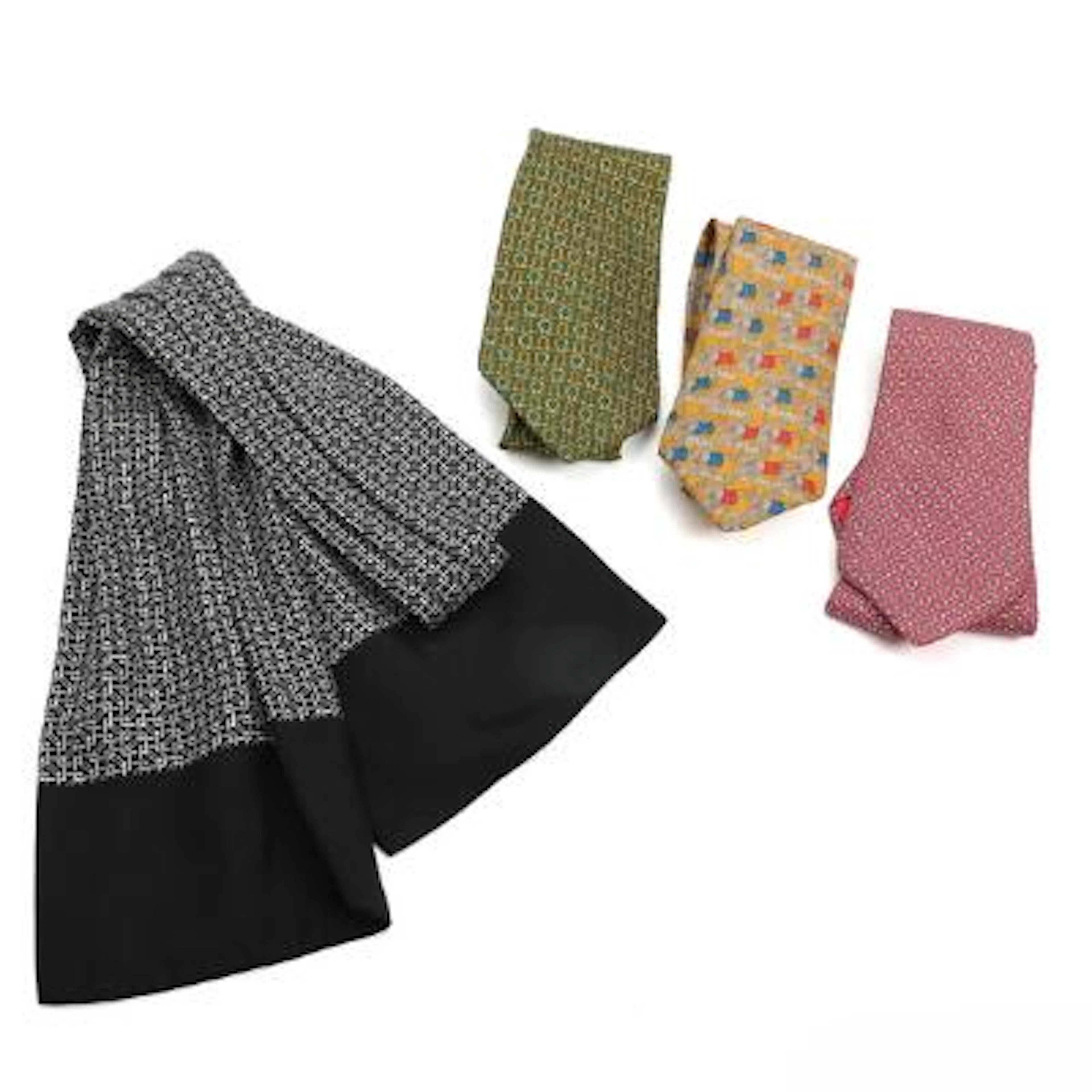 Hermès, Gucci: Two Hermès silk ties and pleated silk scarf. And a