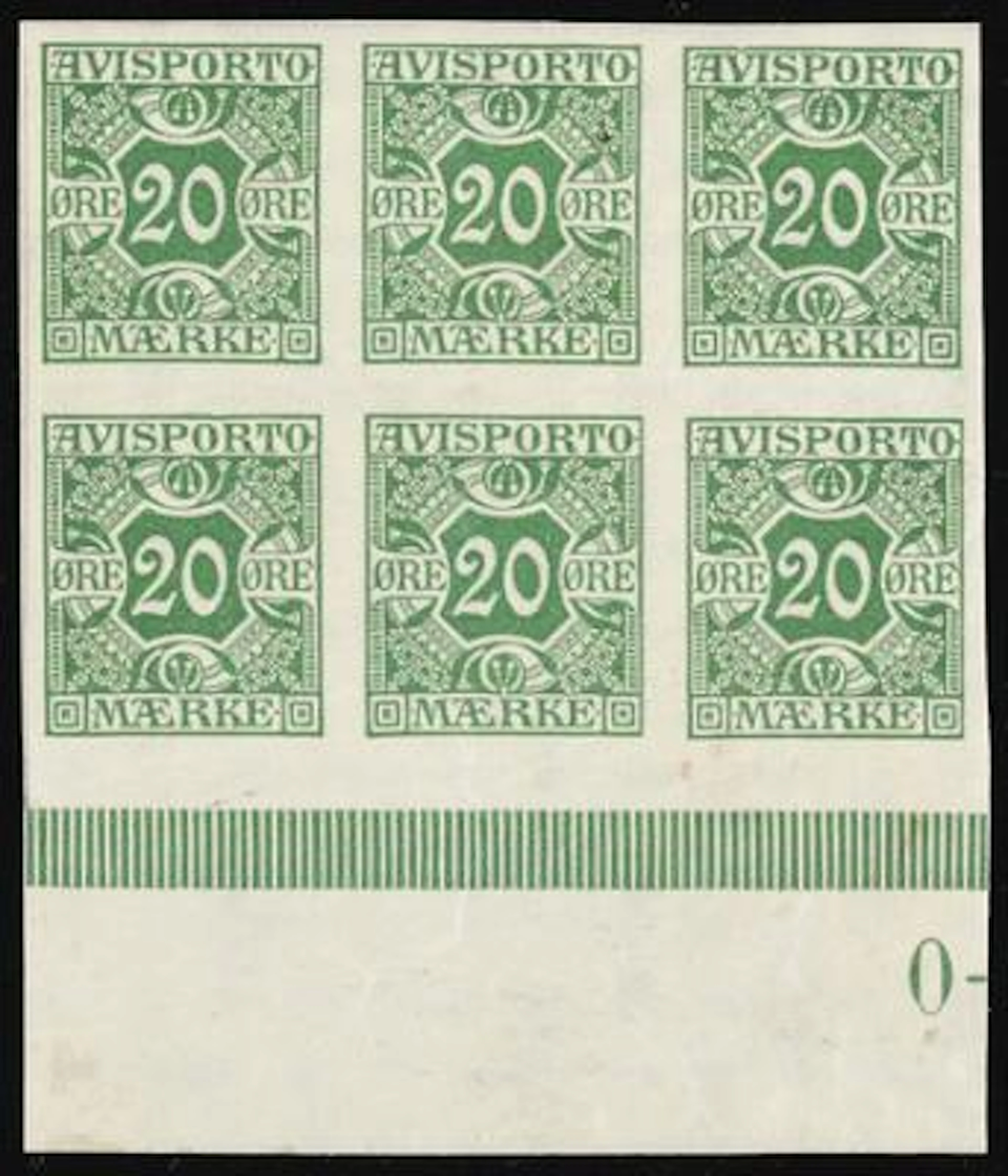 1914. 20 øre, green, wm.IV. IMPERFORATED BLOCK OF 6 with full lower