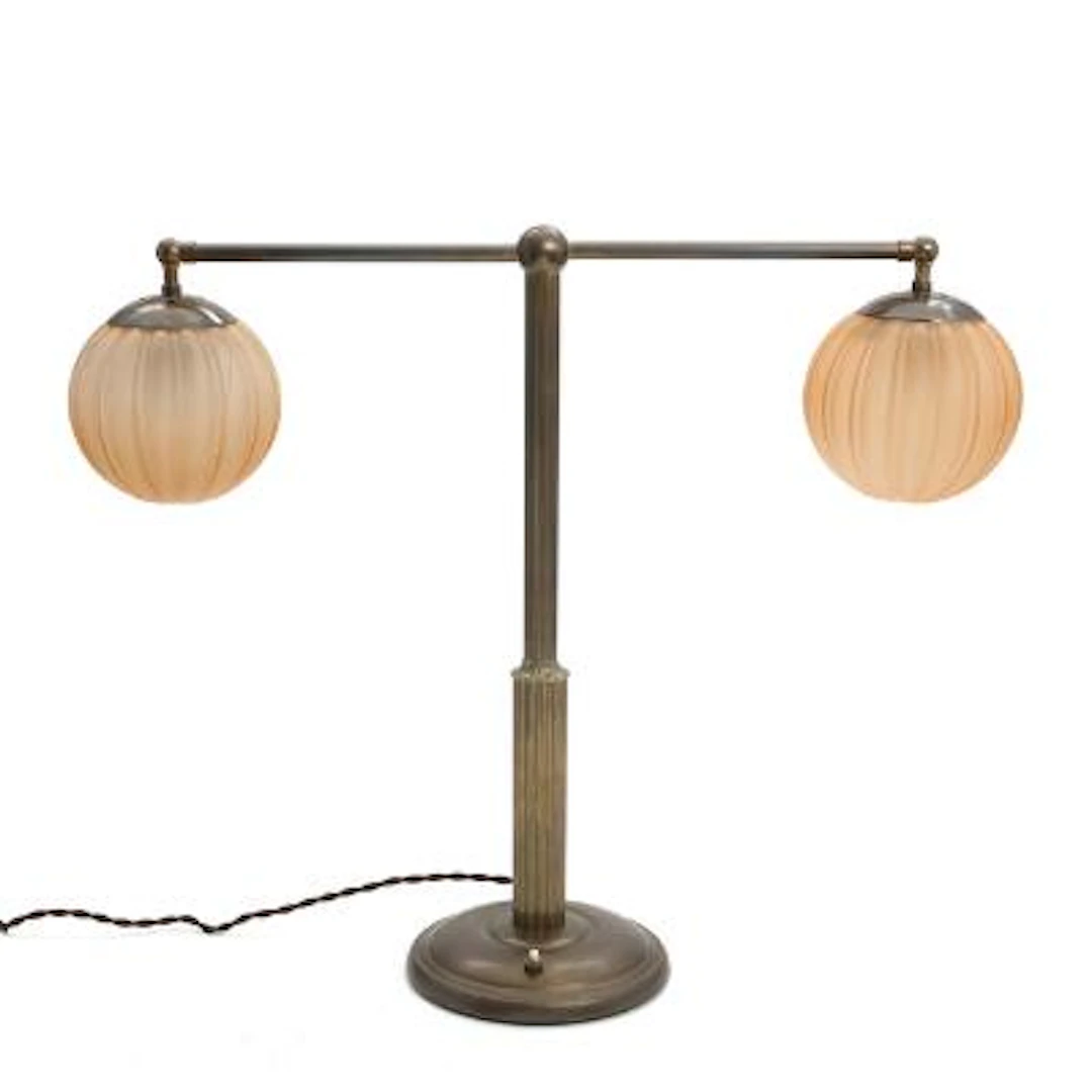 Danish design: "Melo". Desk lamp in patinated brass with shades in