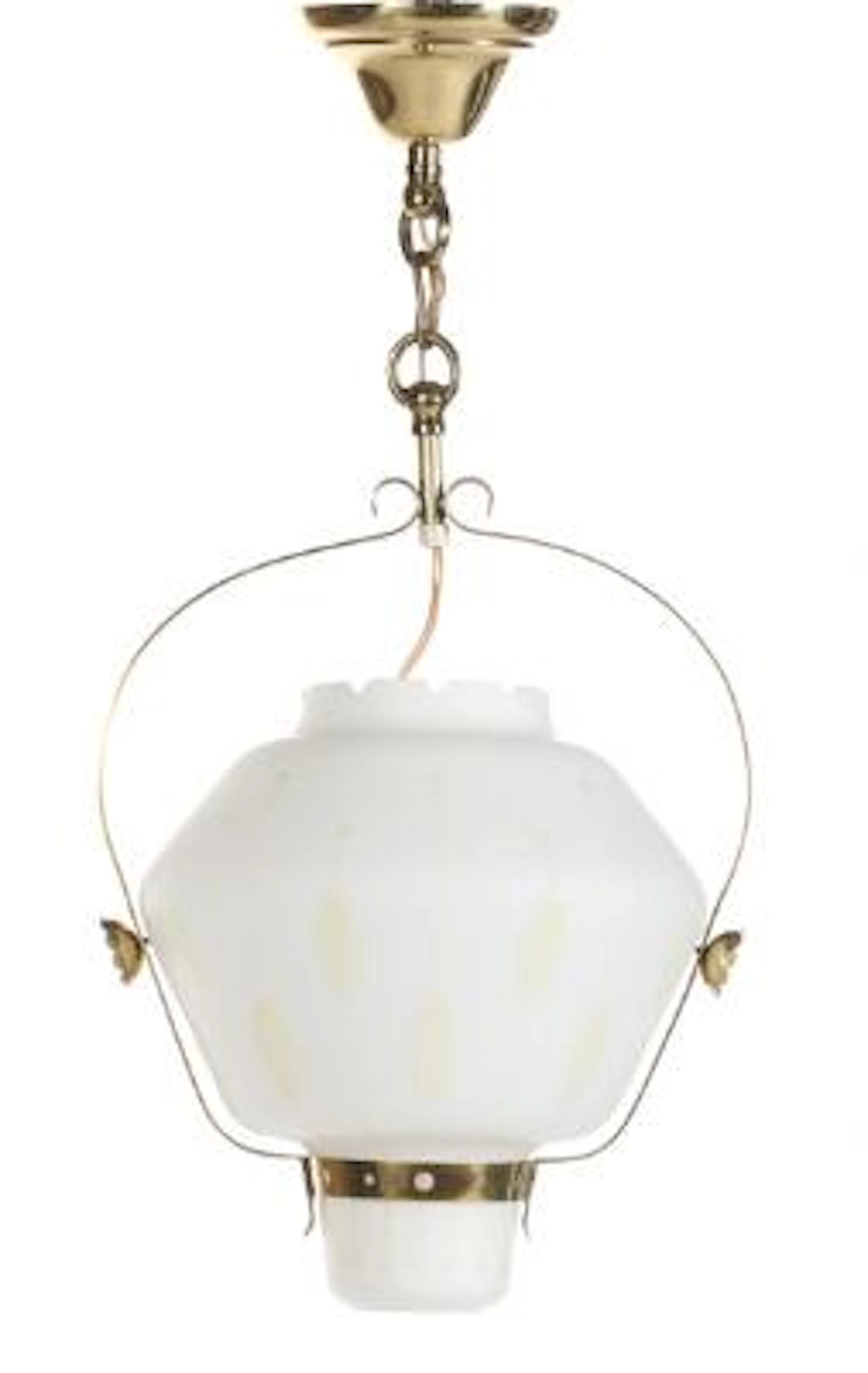 Scandinavian design: Brass ceiling lamp, opal glass shade decorated