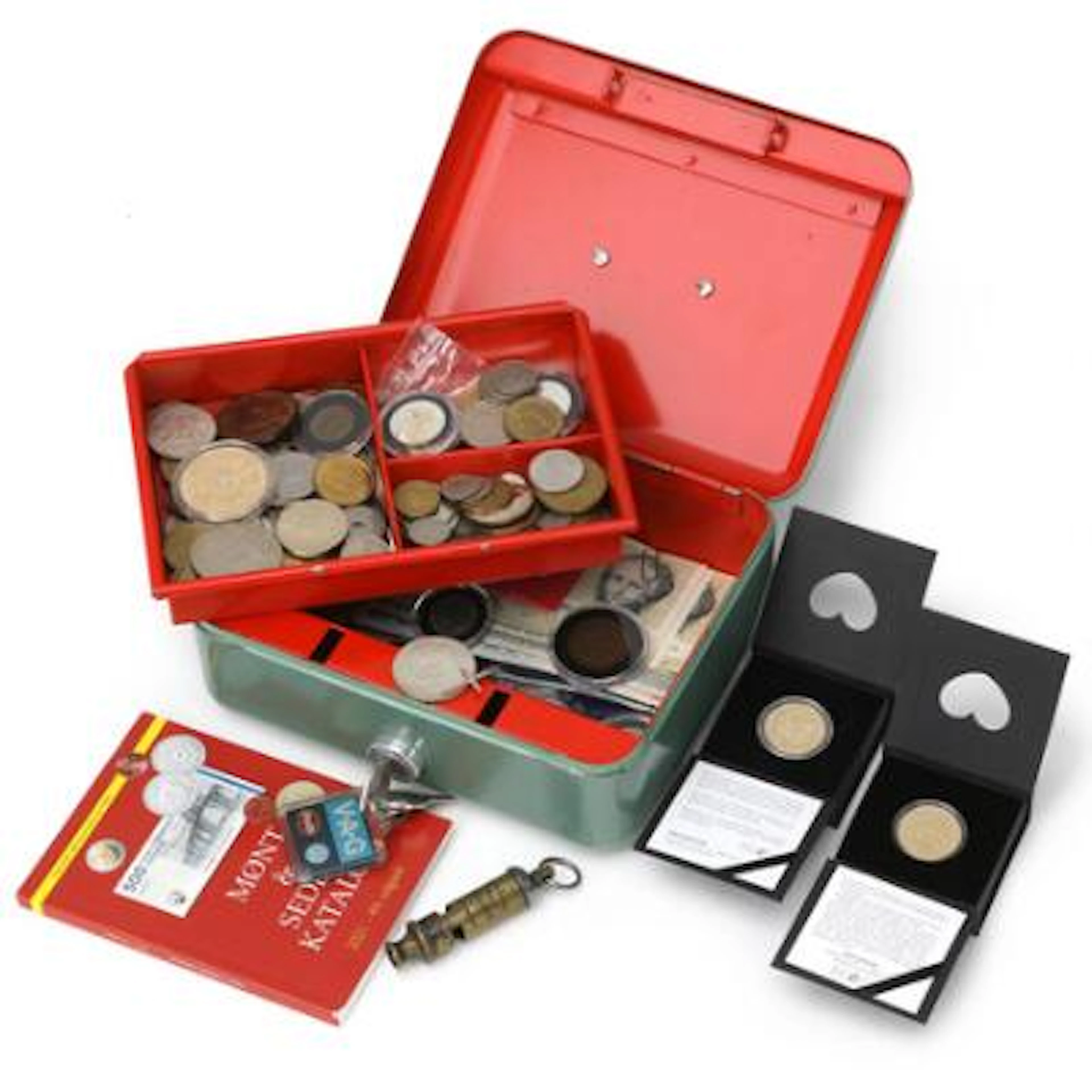 Money box with collection of various Danish and foreign coins with