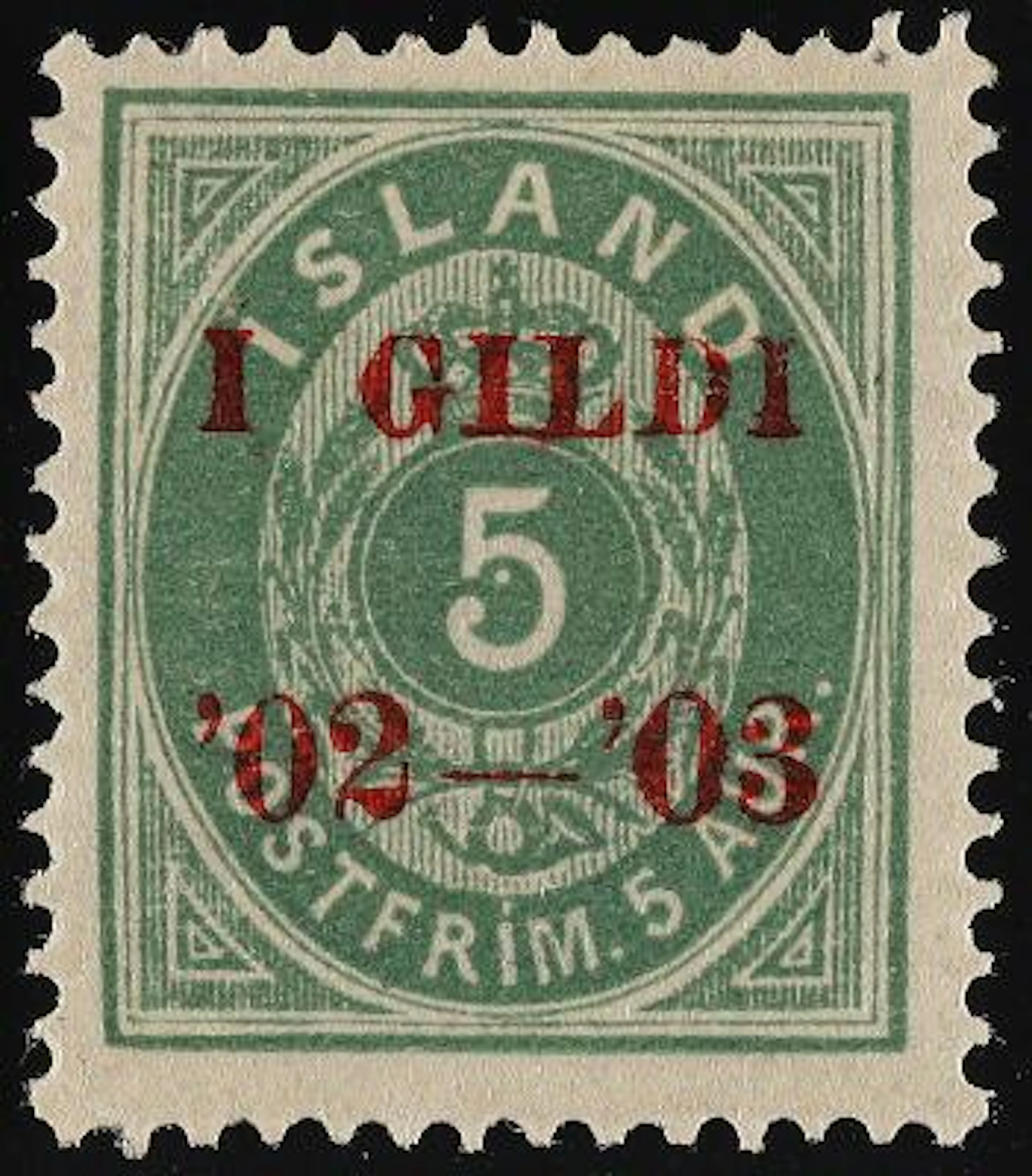 Iceland. 1902. I GILDI. 5 Aur, green. Perf. 14. Red overprint I GILDI.