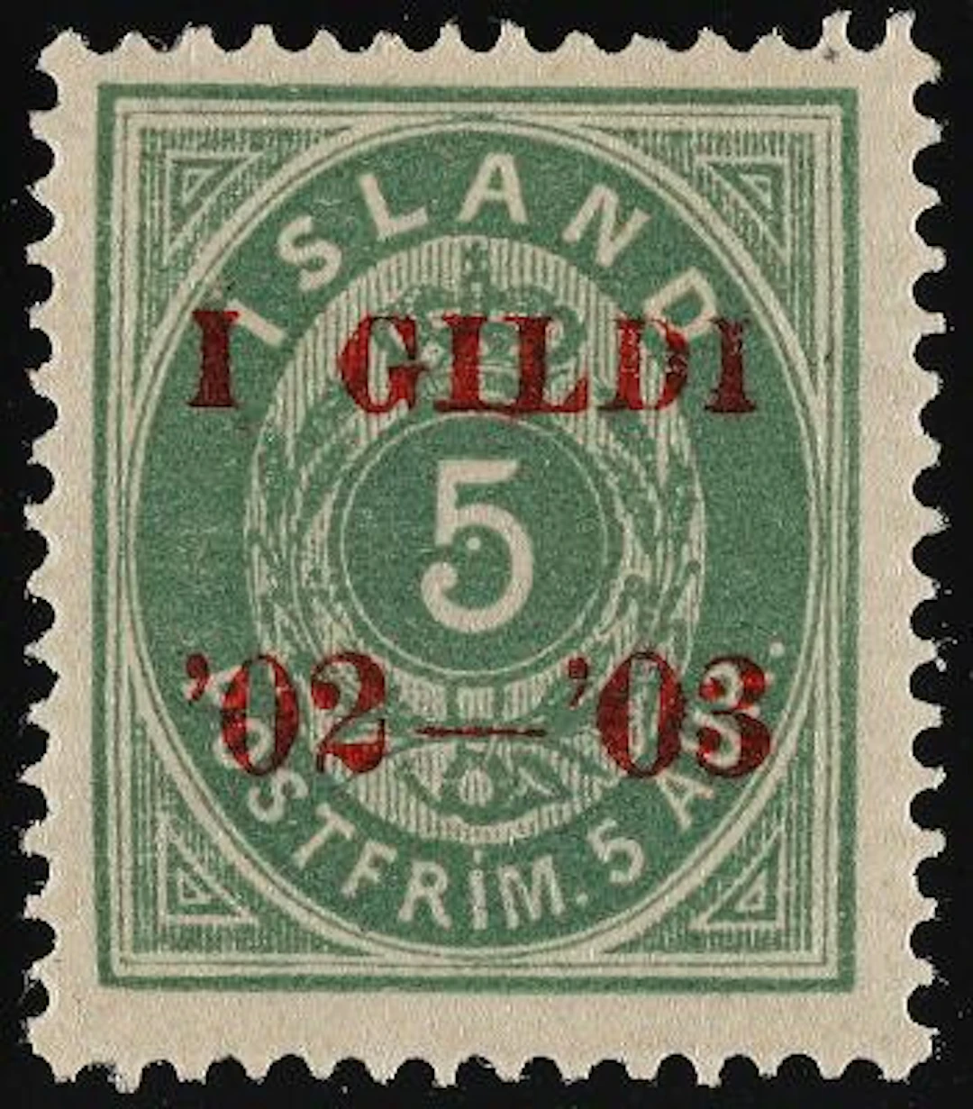 Iceland. 1902. I GILDI. 5 Aur, green. Perf. 14. Red overprint I GILDI.