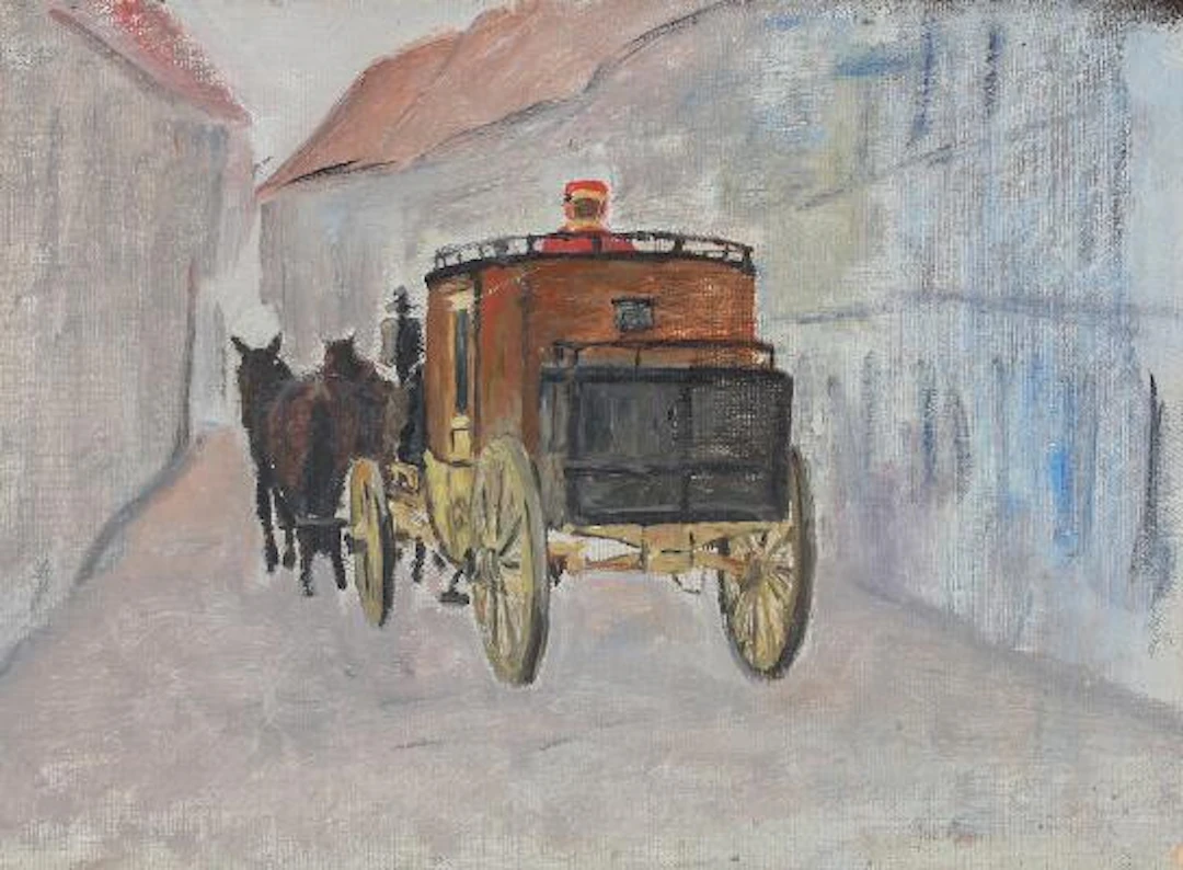 Johan Rohde: A diligence. Unsigned. Oil on canvas mounted on panel.