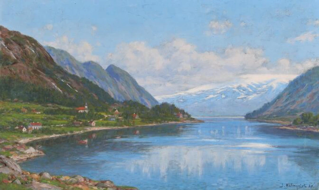 Painter unknown, 20th century: View of a Norwegian fjord. Signed and
