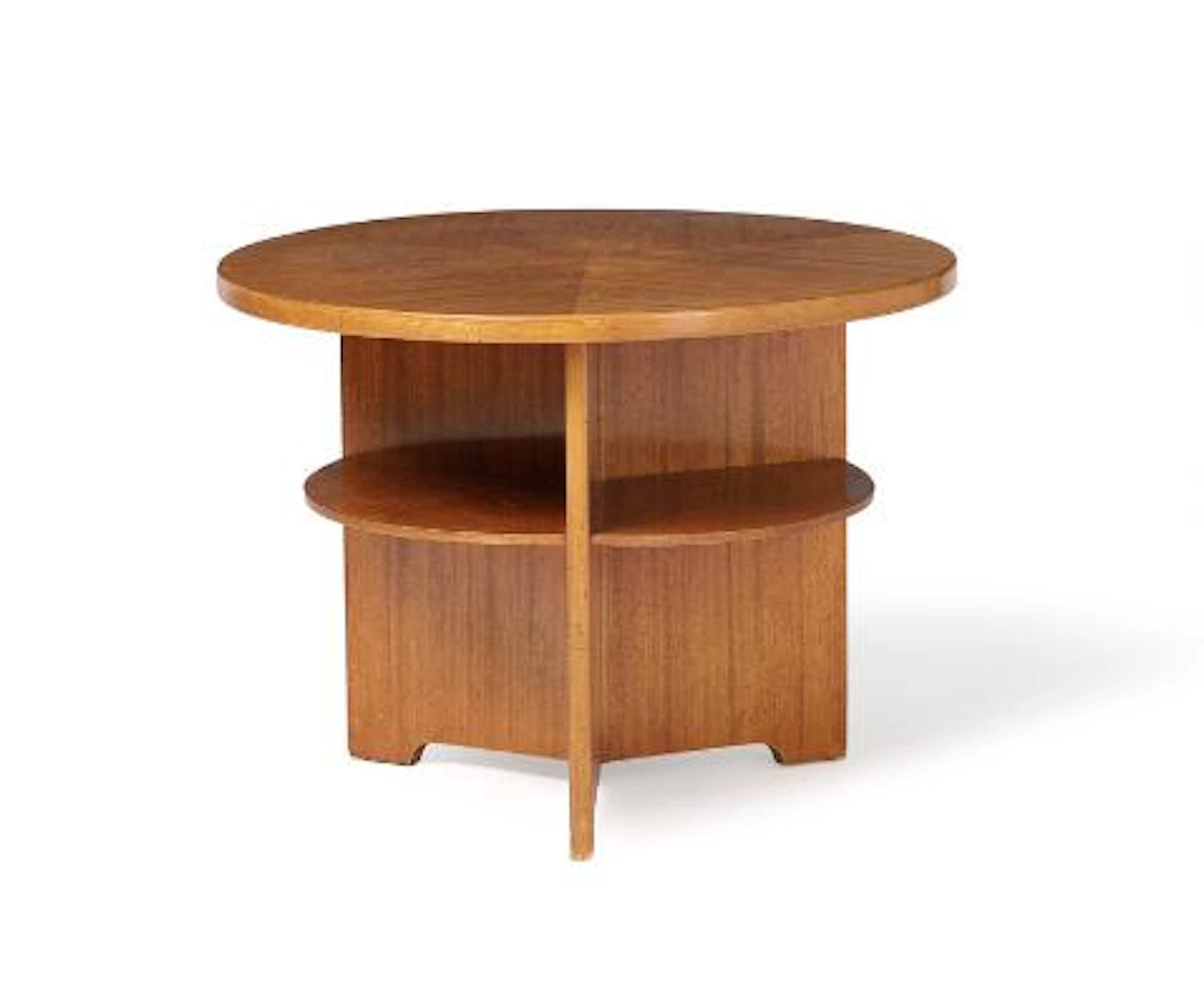 Danish furniture design: Circular mahogany coffee table with shelves