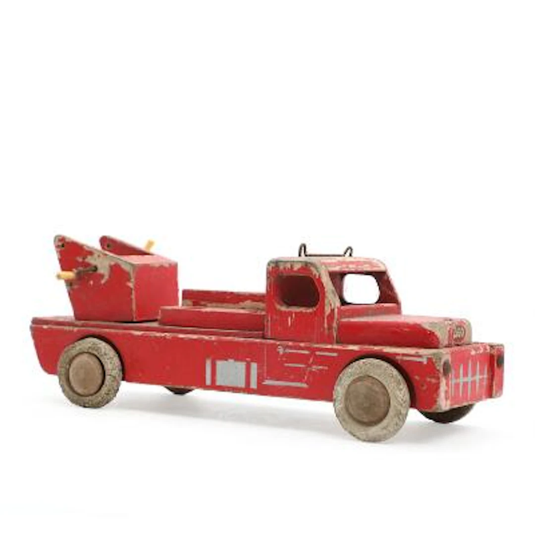 LEGO: A painted wooden firetruck. Manufactured and marked by LEGO.
