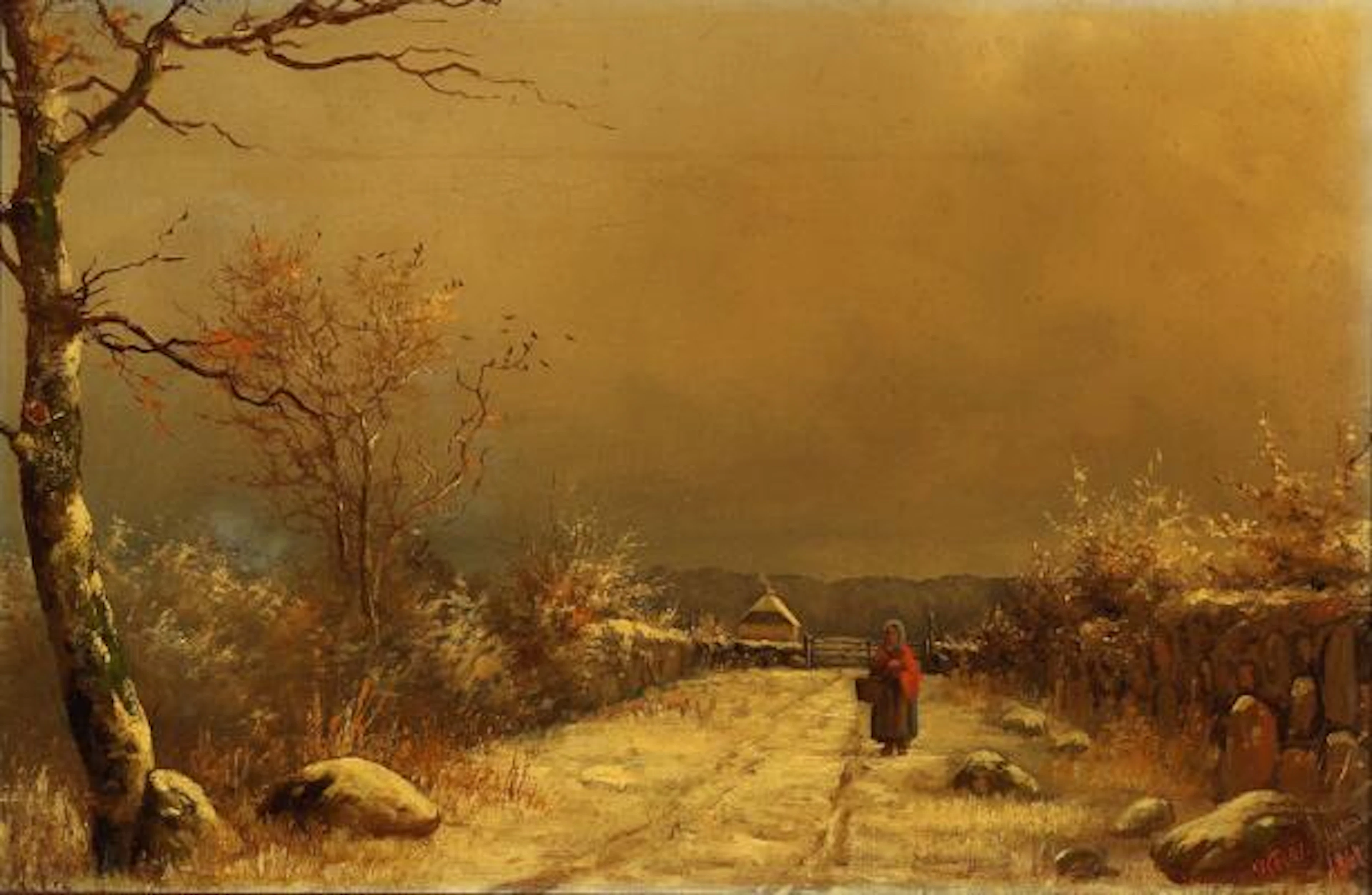 Hans Friis: A woman walking in a winter landscape. Signed and dated.