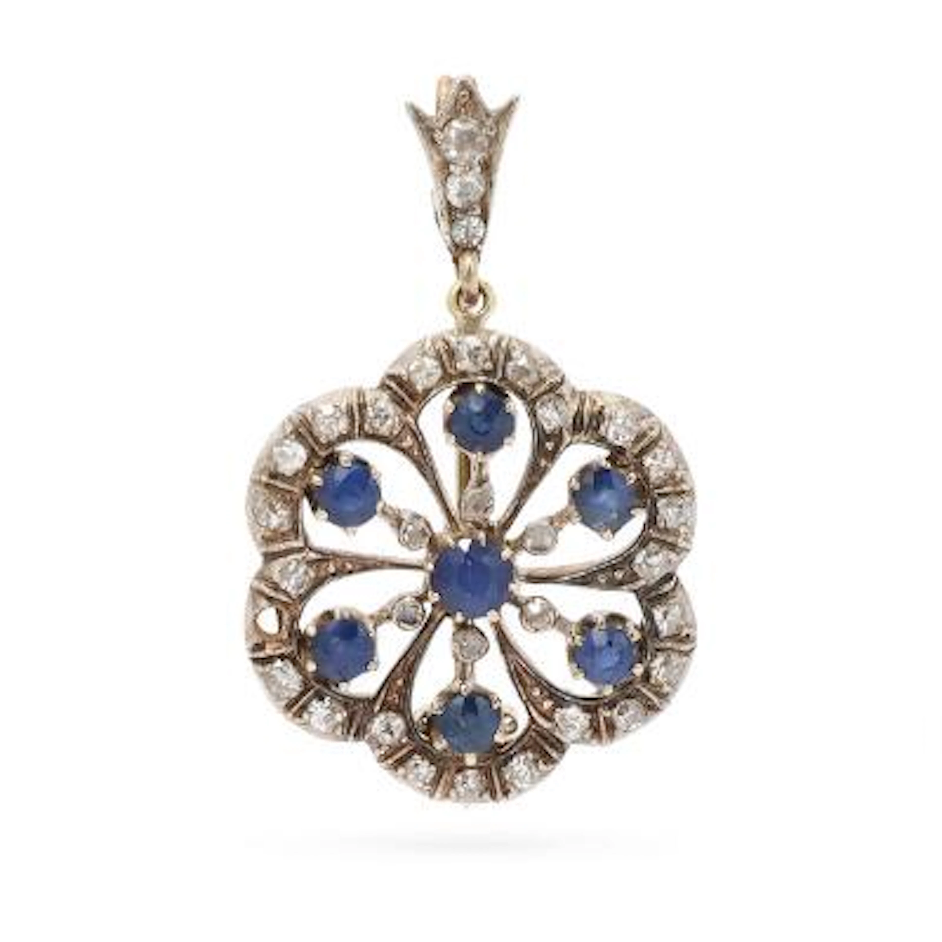 A sapphire and diamond brooch/pendant set with sapphires and diamonds