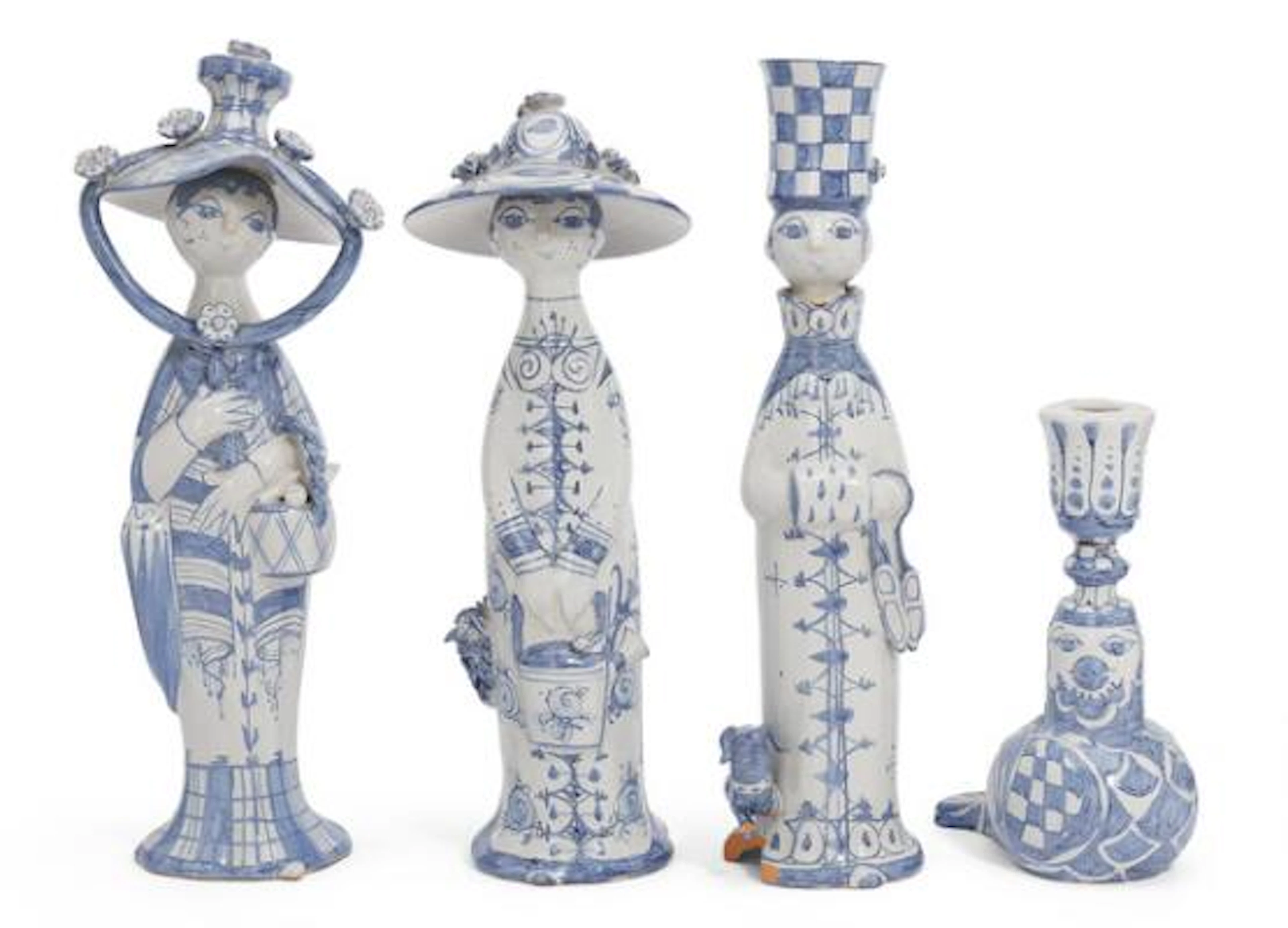 Bjørn Wiinblad: Three seasonal figures and a candle holder of earthenware.