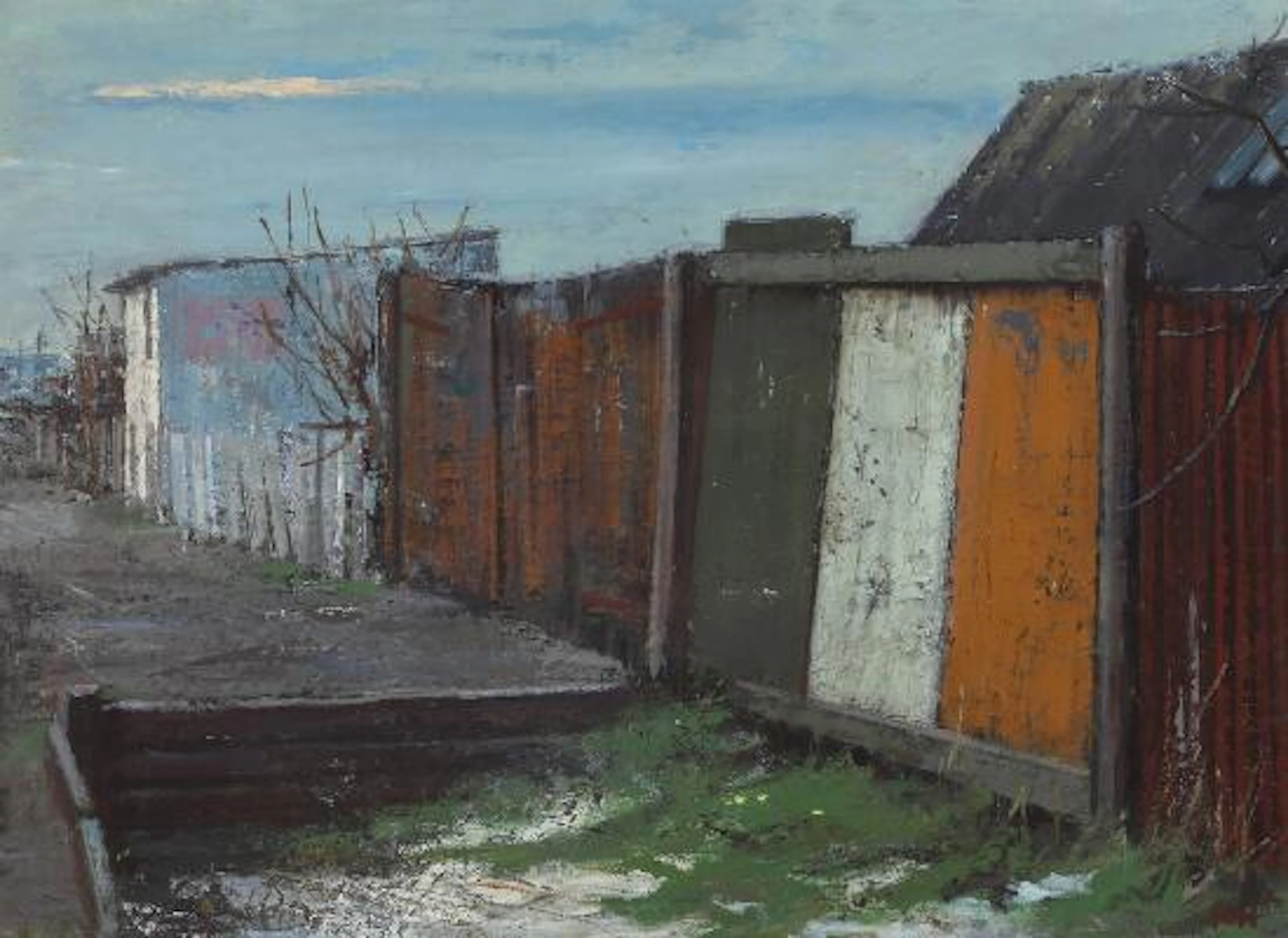 Max Hansen: Sheds by the road. Signed MH. Oil on canvas. 60 x 81 cm.