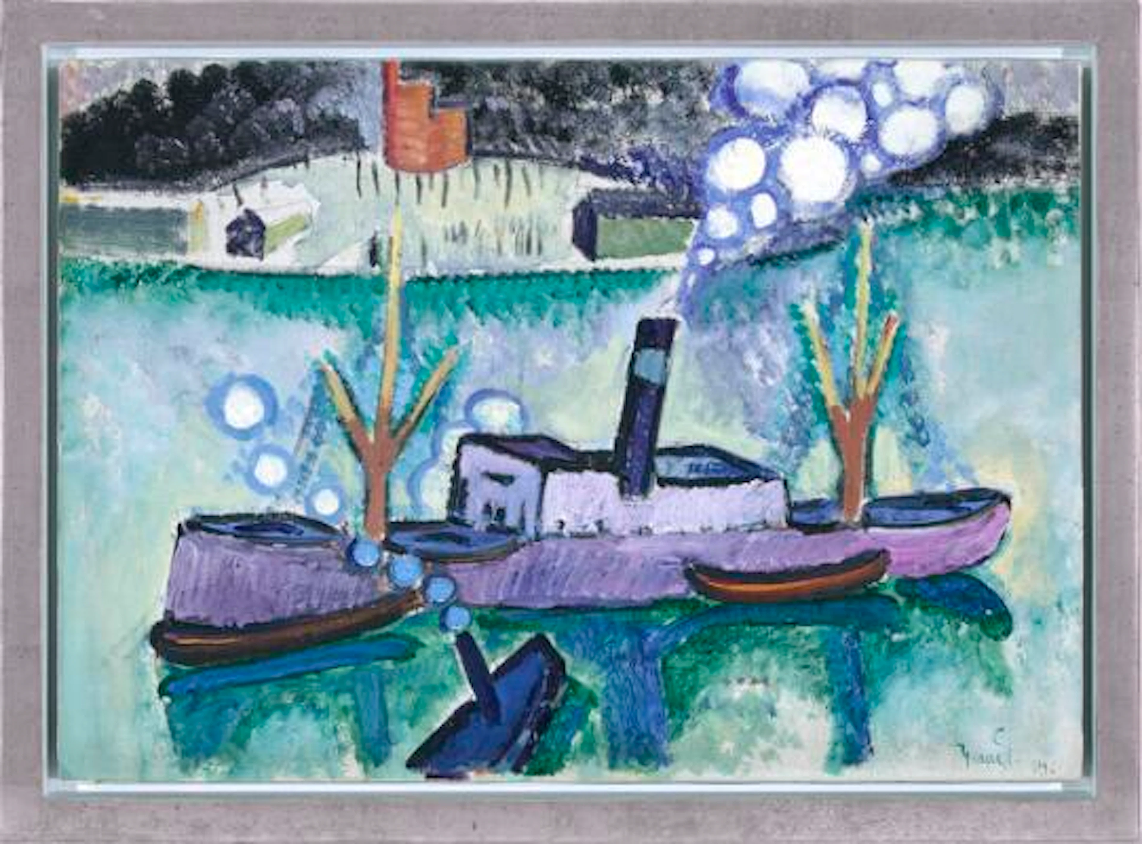 Isaac Grünewald: Boats on the Rhine, 1914. Signed Isaac G. 14. Oil