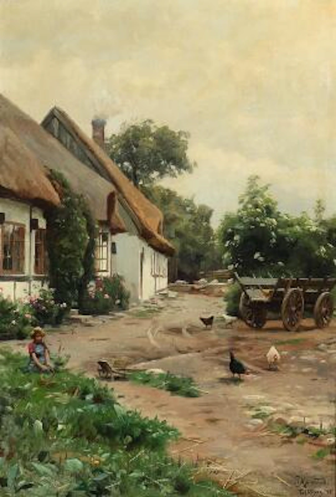 Peder Mønsted: A girl playing in a farmyard. Signed P. Mønsted Toftebjerg