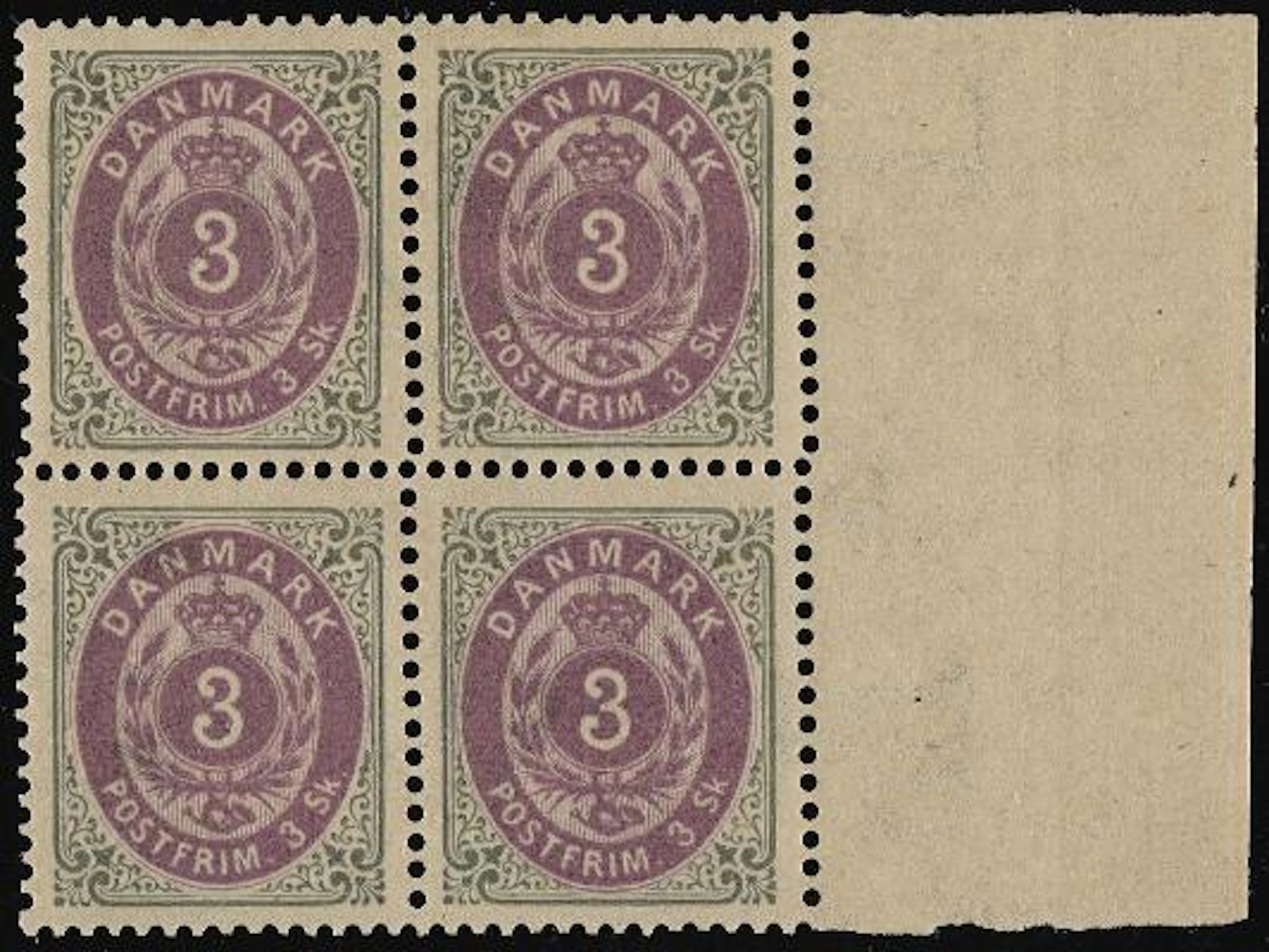 1871. 3 sk. 1.print. SUPERB block of 4 in perfect MNH condition. AFA