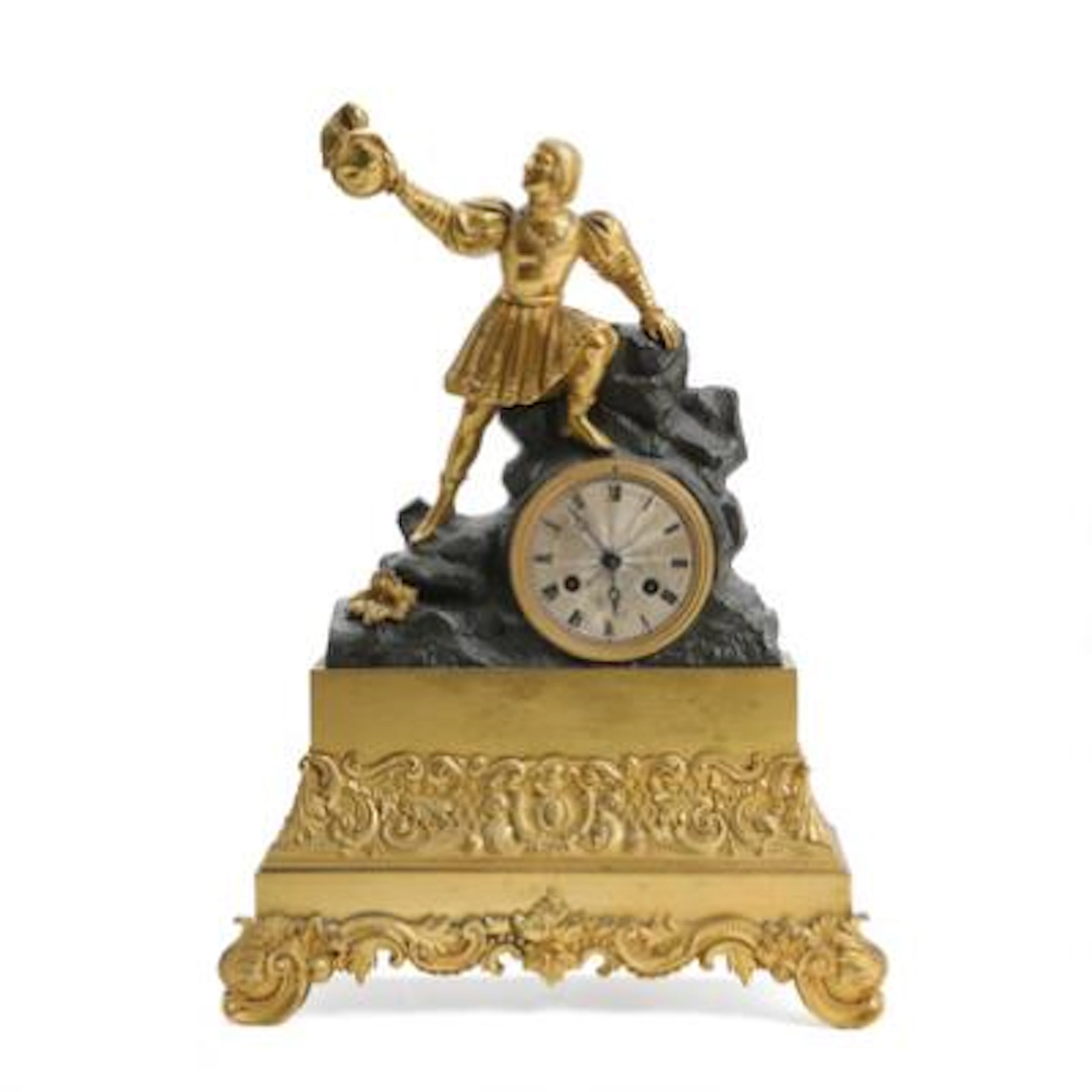 First part of the 19th century French bronze mantel clock, surmounted