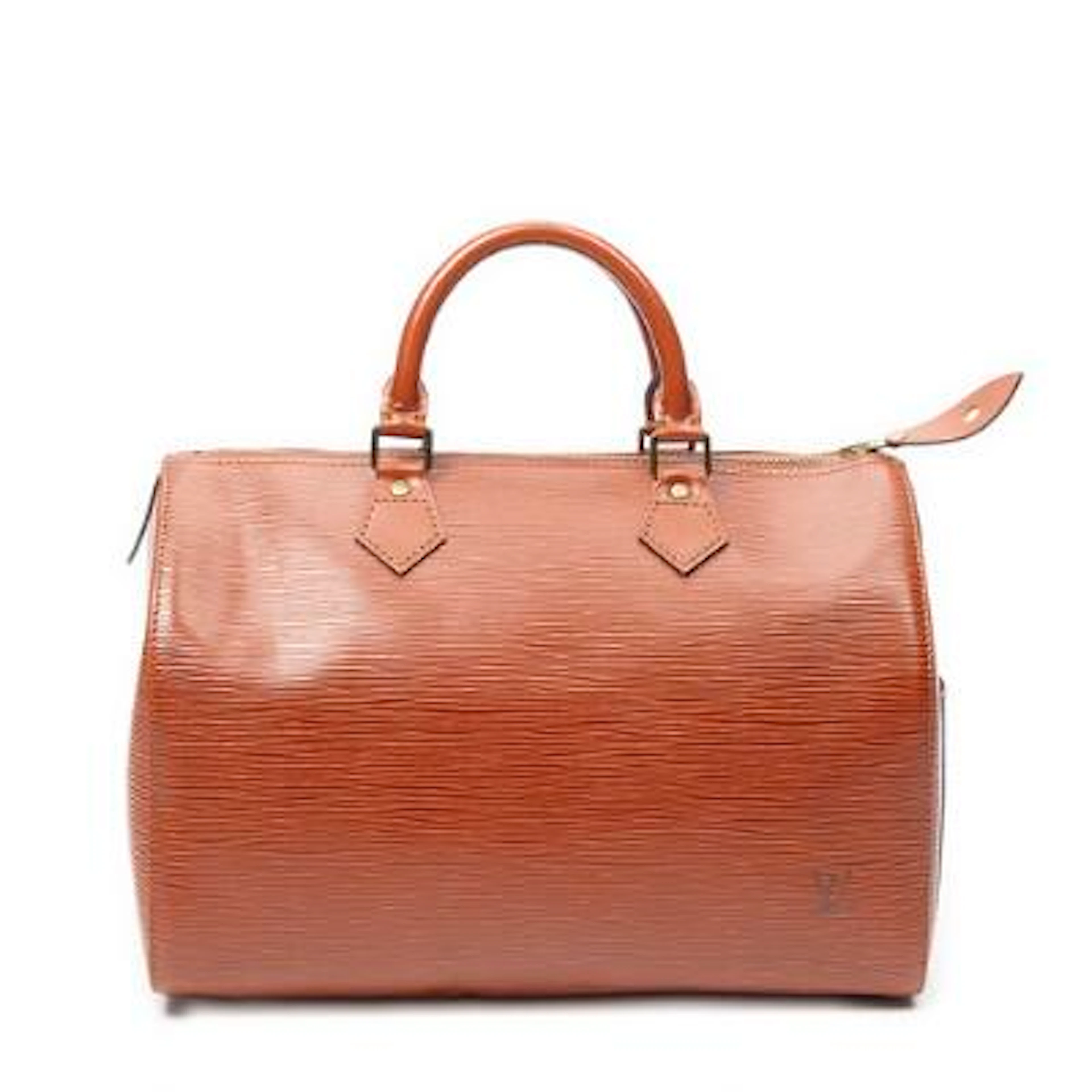 Louis Vuitton: A "Speedy 30" in brown Epi-leather with gold-tone hardware.