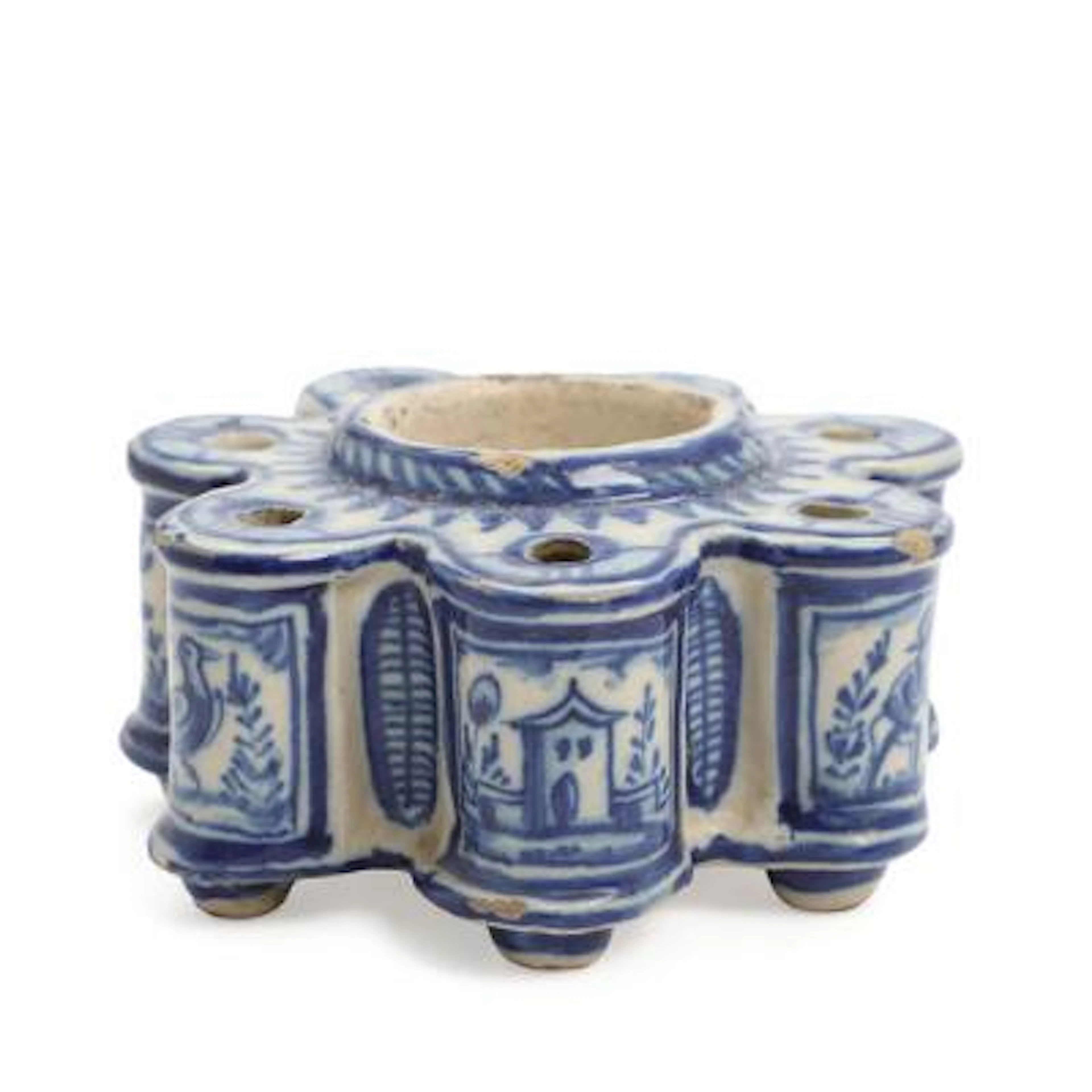 Spanish faience inkwell, decorated in blue with animals, buildings