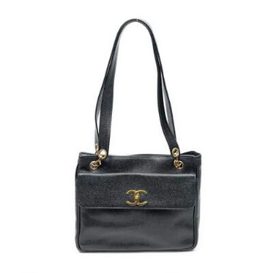 Chanel: A "Vintage Front Pocket Shopping" tote-bag in black Caviar