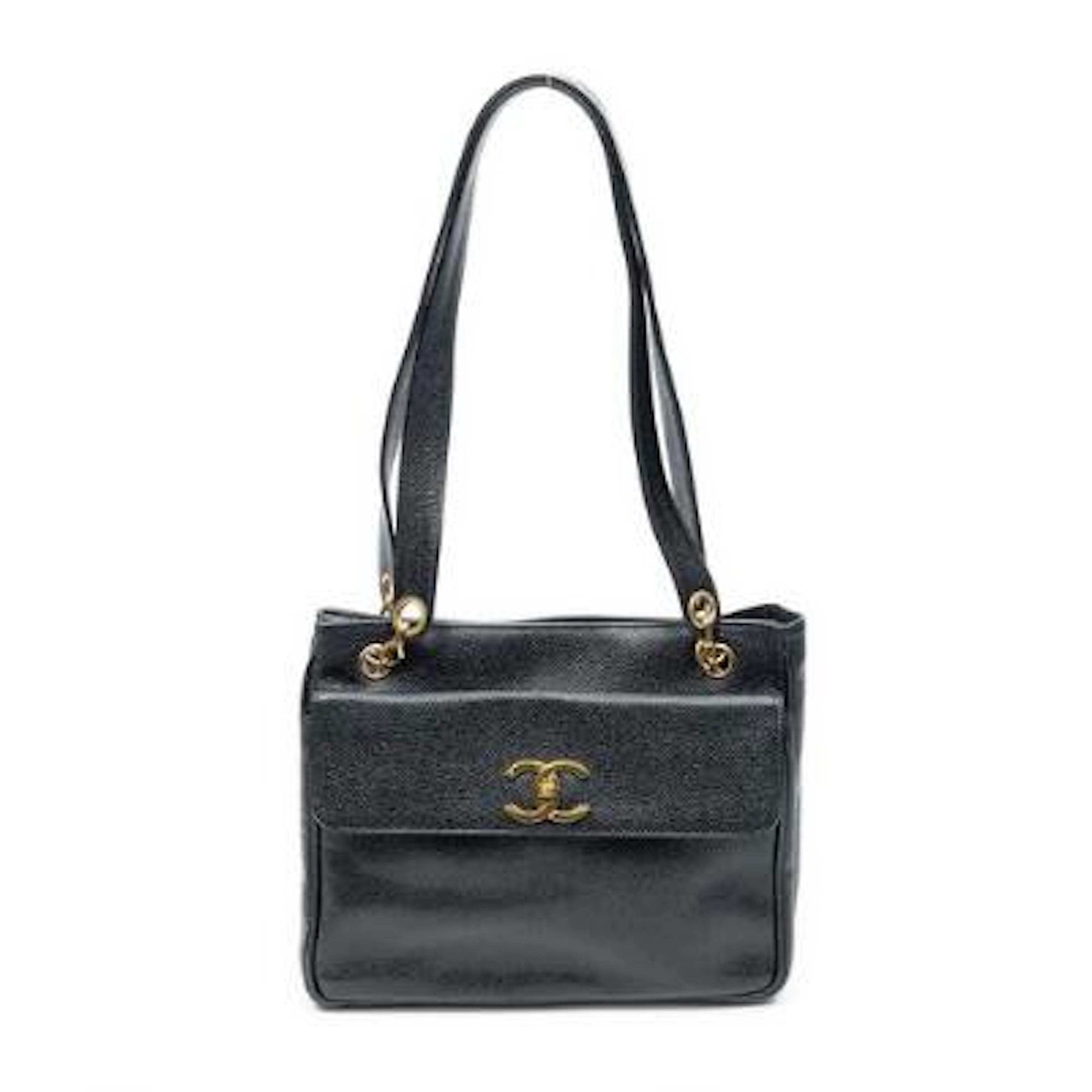 Chanel: A "Vintage Front Pocket Shopping" tote-bag in black Caviar