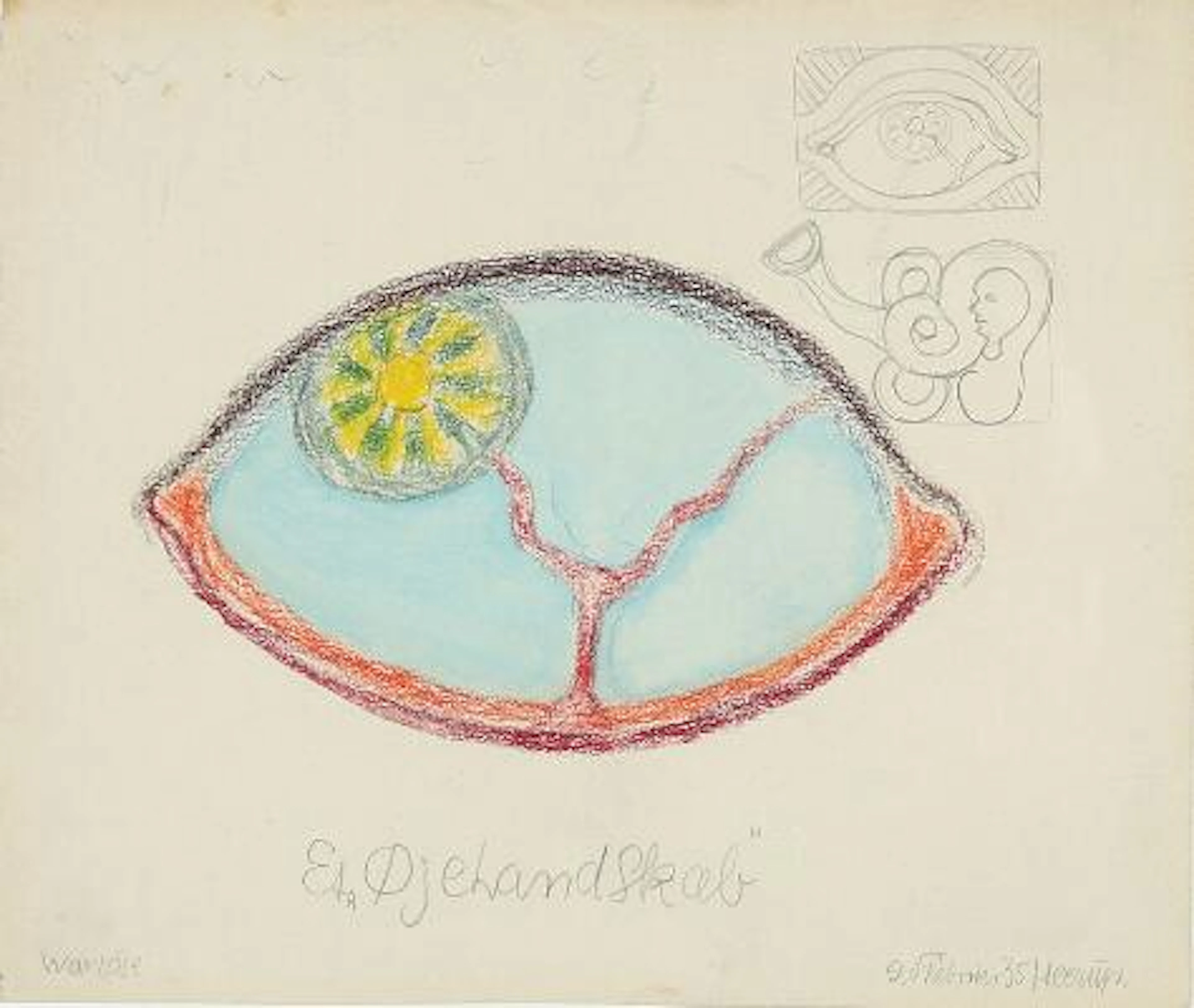 Henry Heerup: "Et øjelandskab". Signed Heerup. Pencil and oil pastel