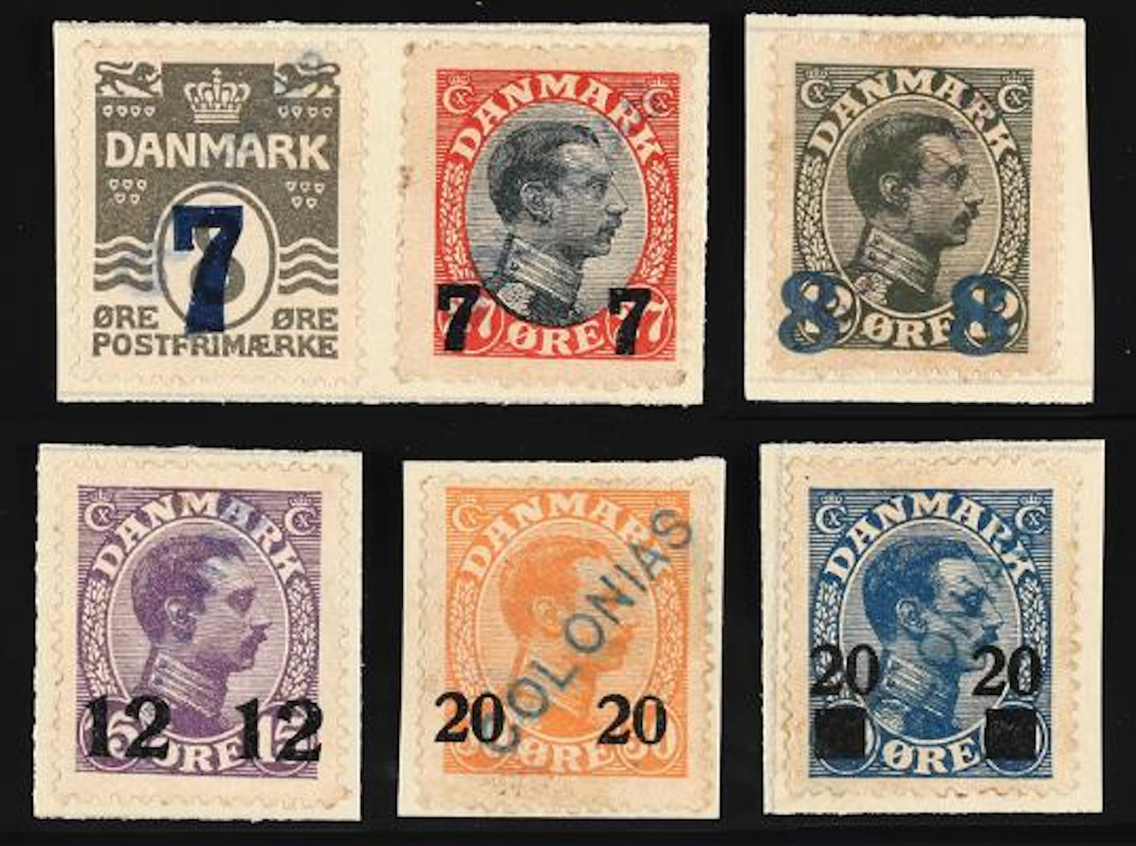 1921-1926. Surcharges. 5 stamps with overprint COLONIAS. From reference