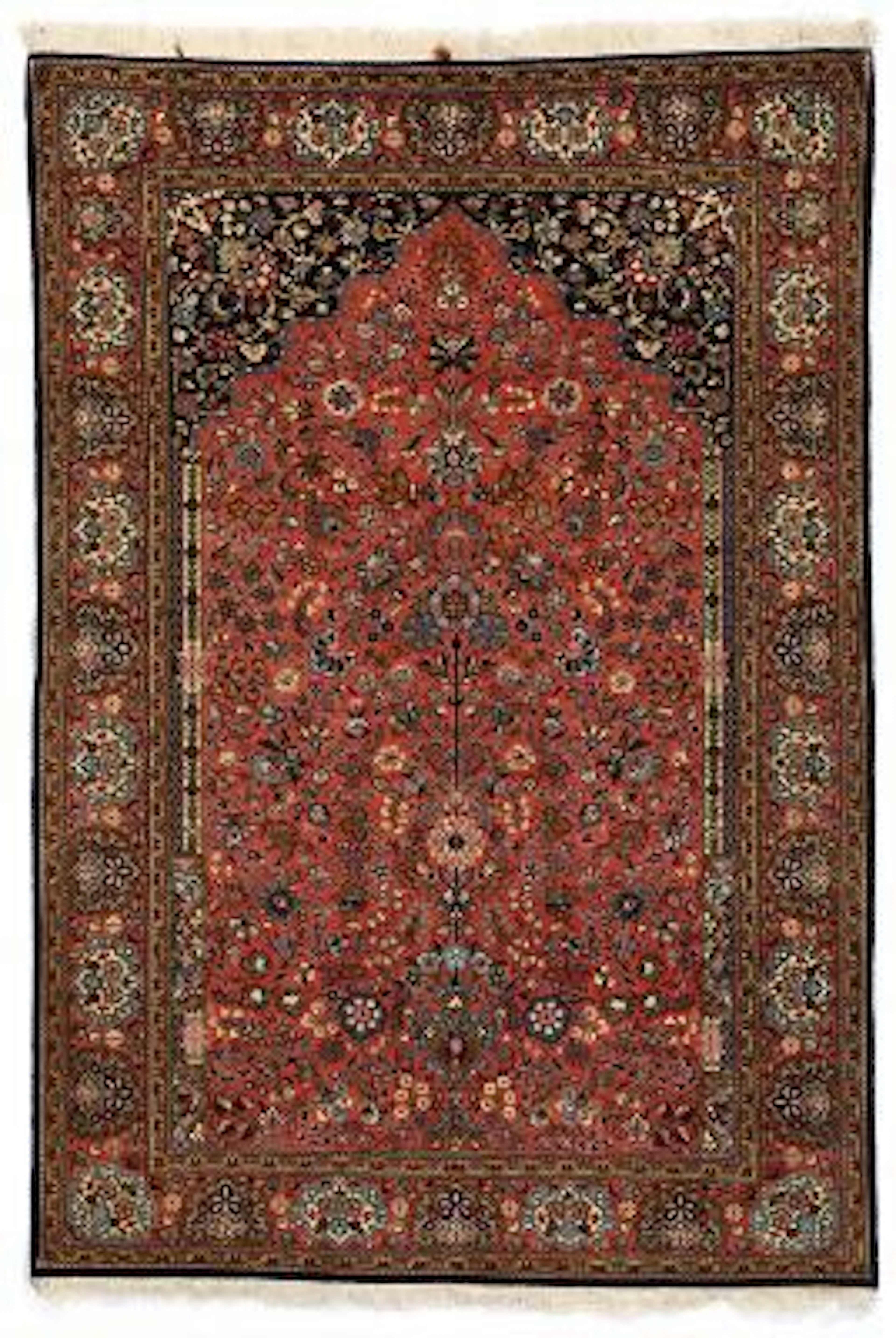 An Qum rug, Persia. Arch design with columns and flower vase. Fine