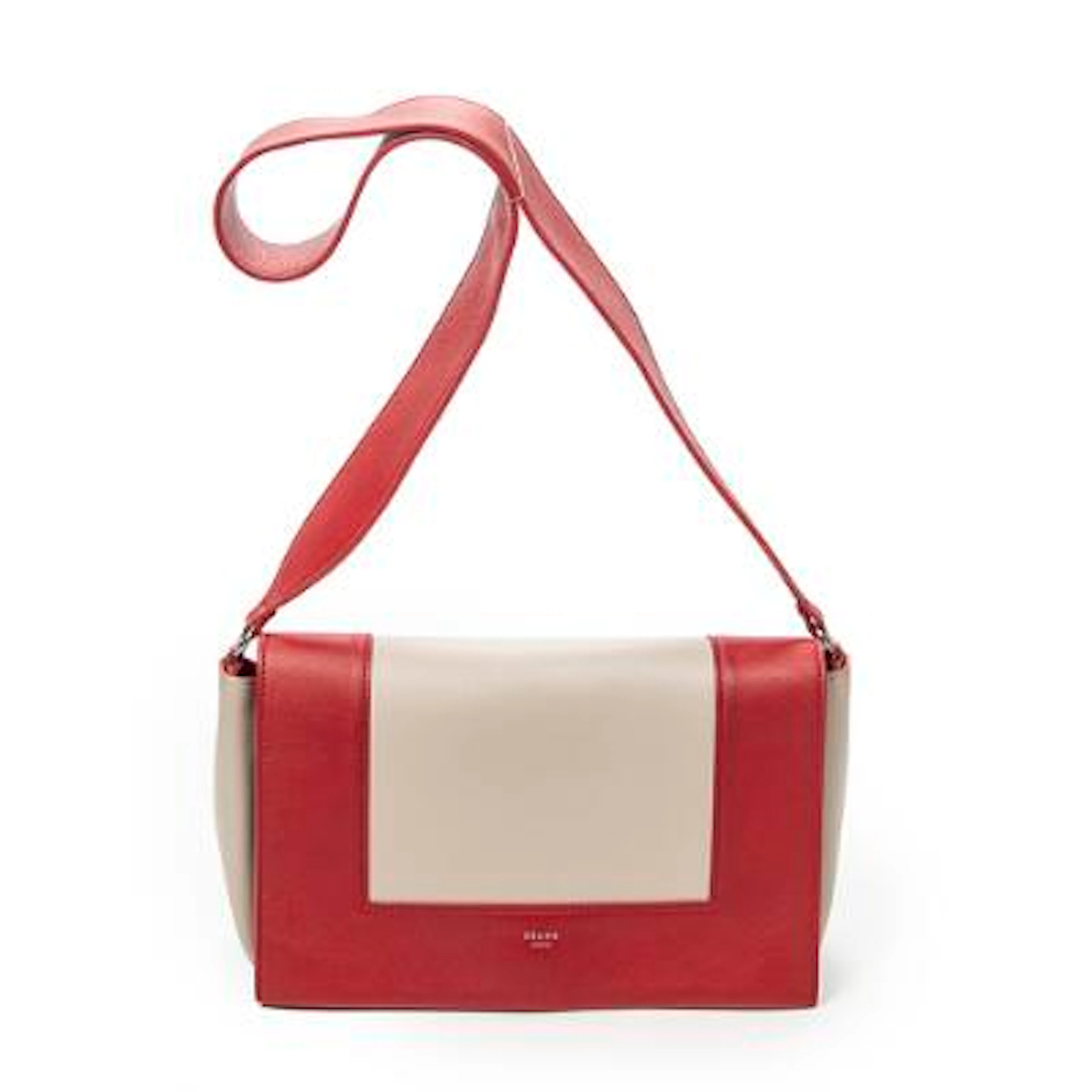 Celine: A "Medium Frame Crossbody" bag in beige/red leather with silver-tone