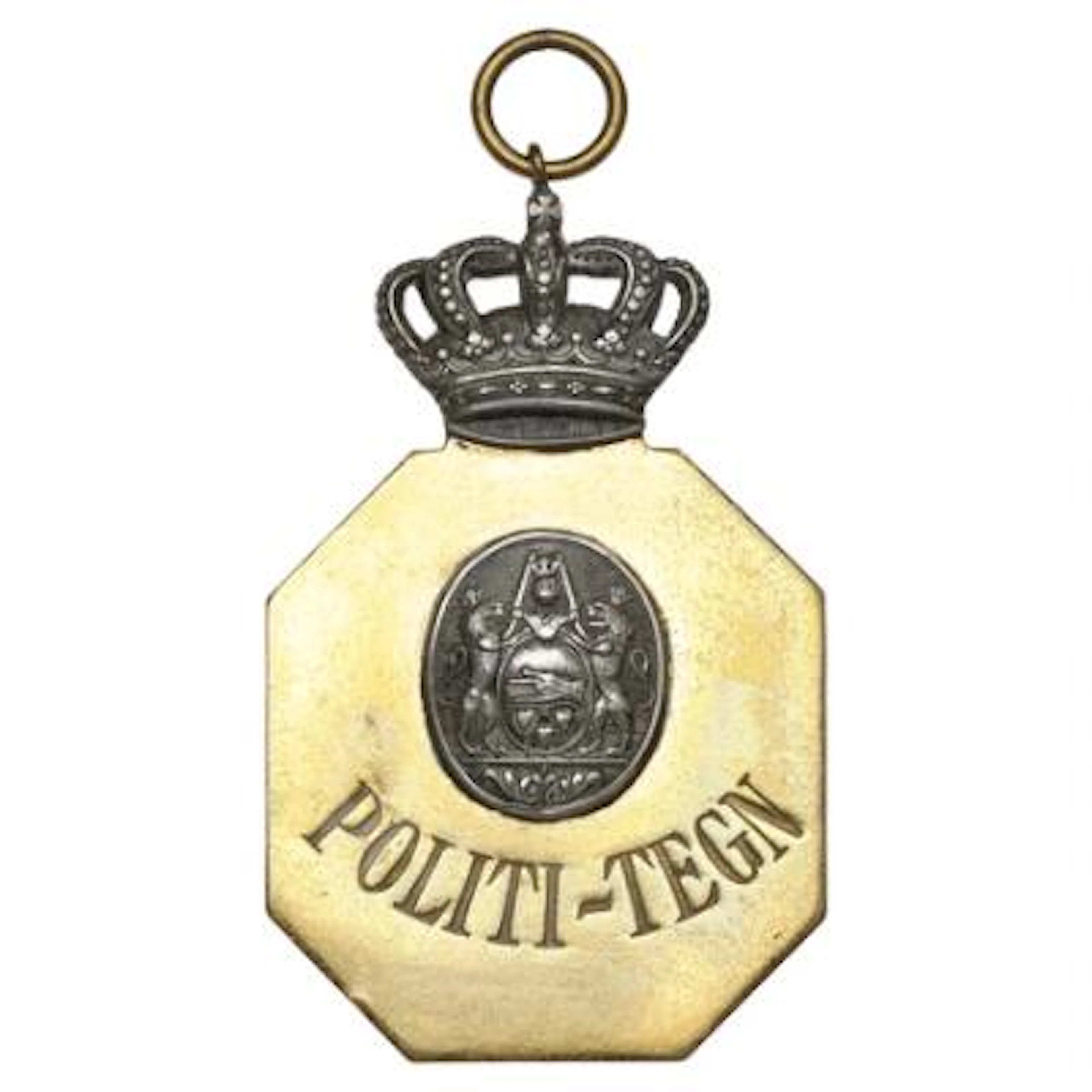 Brass police badge from the Copenhagen Police, featuring a coat of