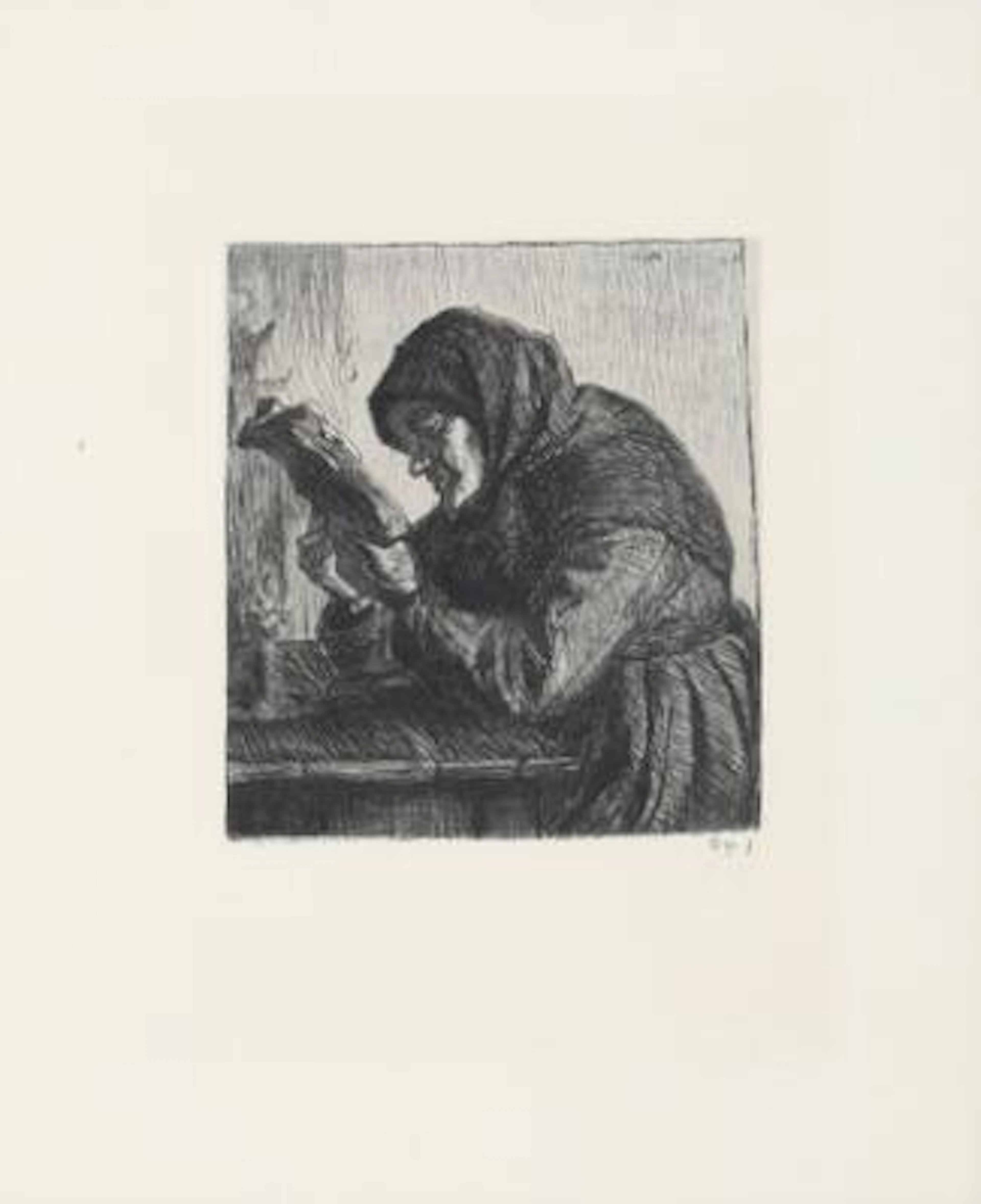 Anna Ancher: An old woman reading. Opus 1. Signed in print. Etching.