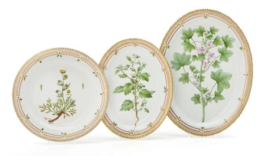 Three various "Flora Danica" enamelled and gilt porcelain dishes.