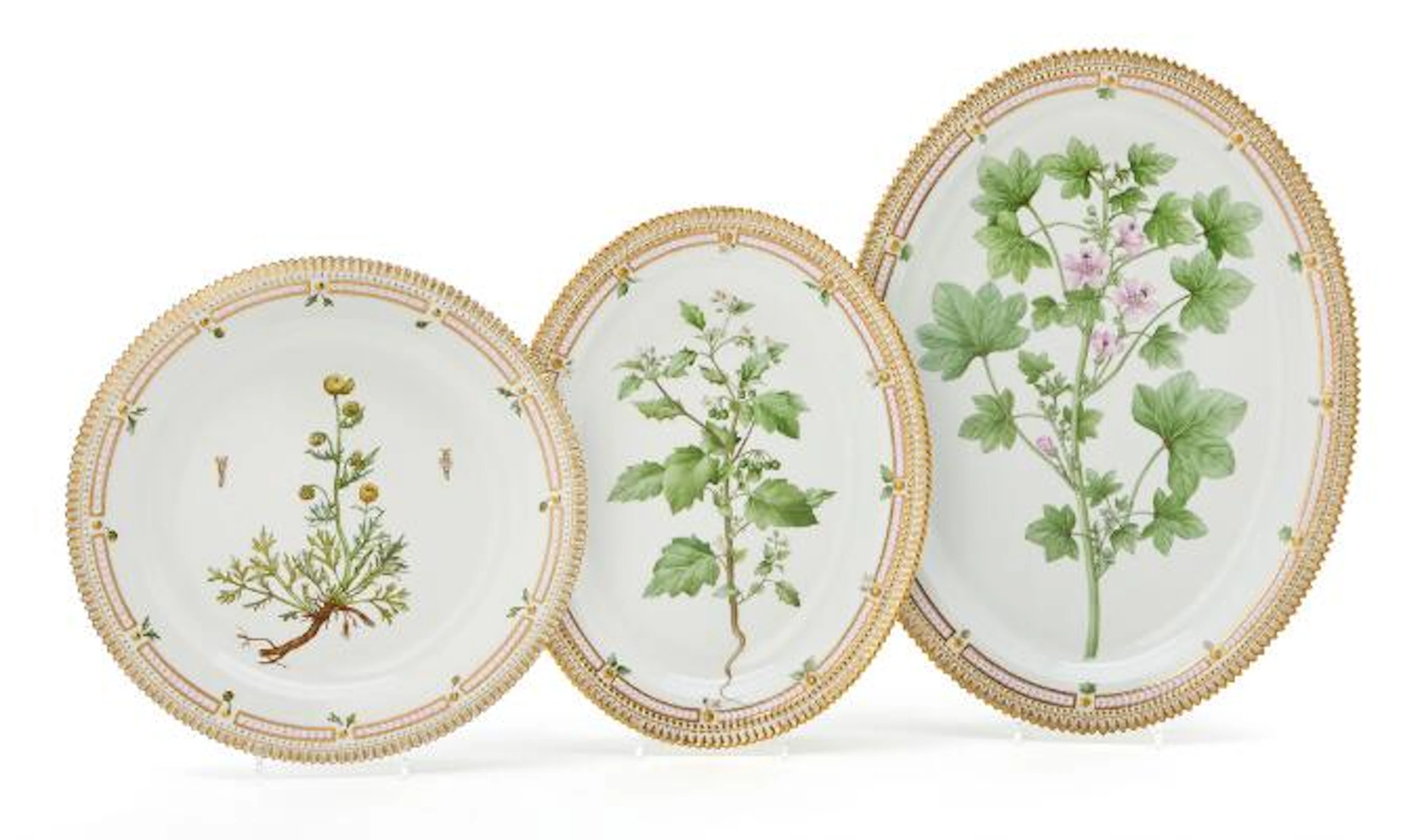 Three various "Flora Danica" enamelled and gilt porcelain dishes.