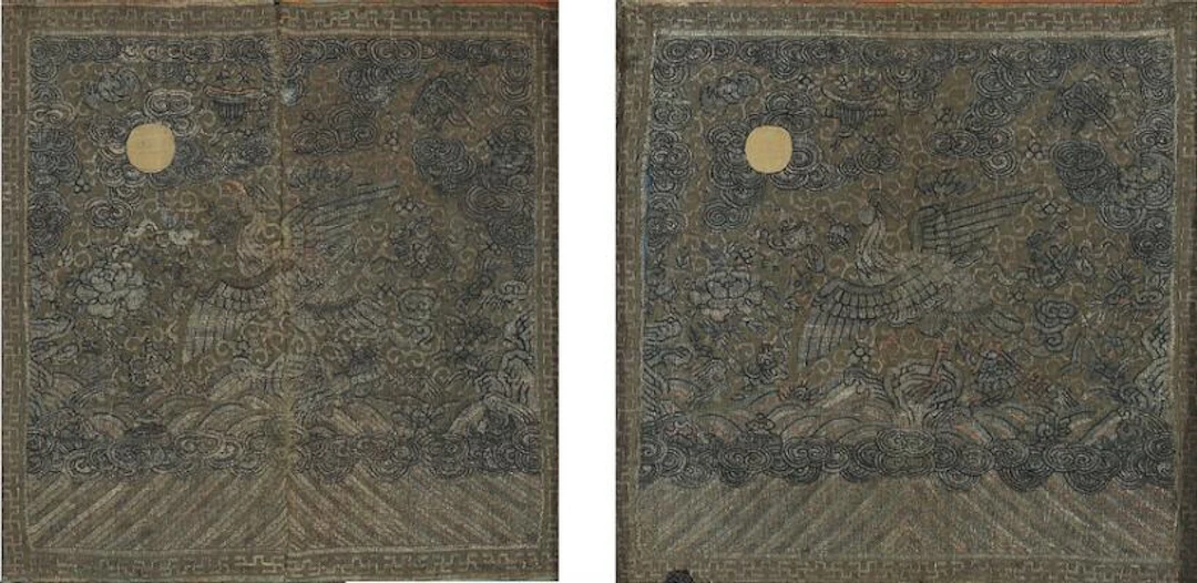 Two Chinese mandarin rank badges, silk weaving. Framed. Late Qing