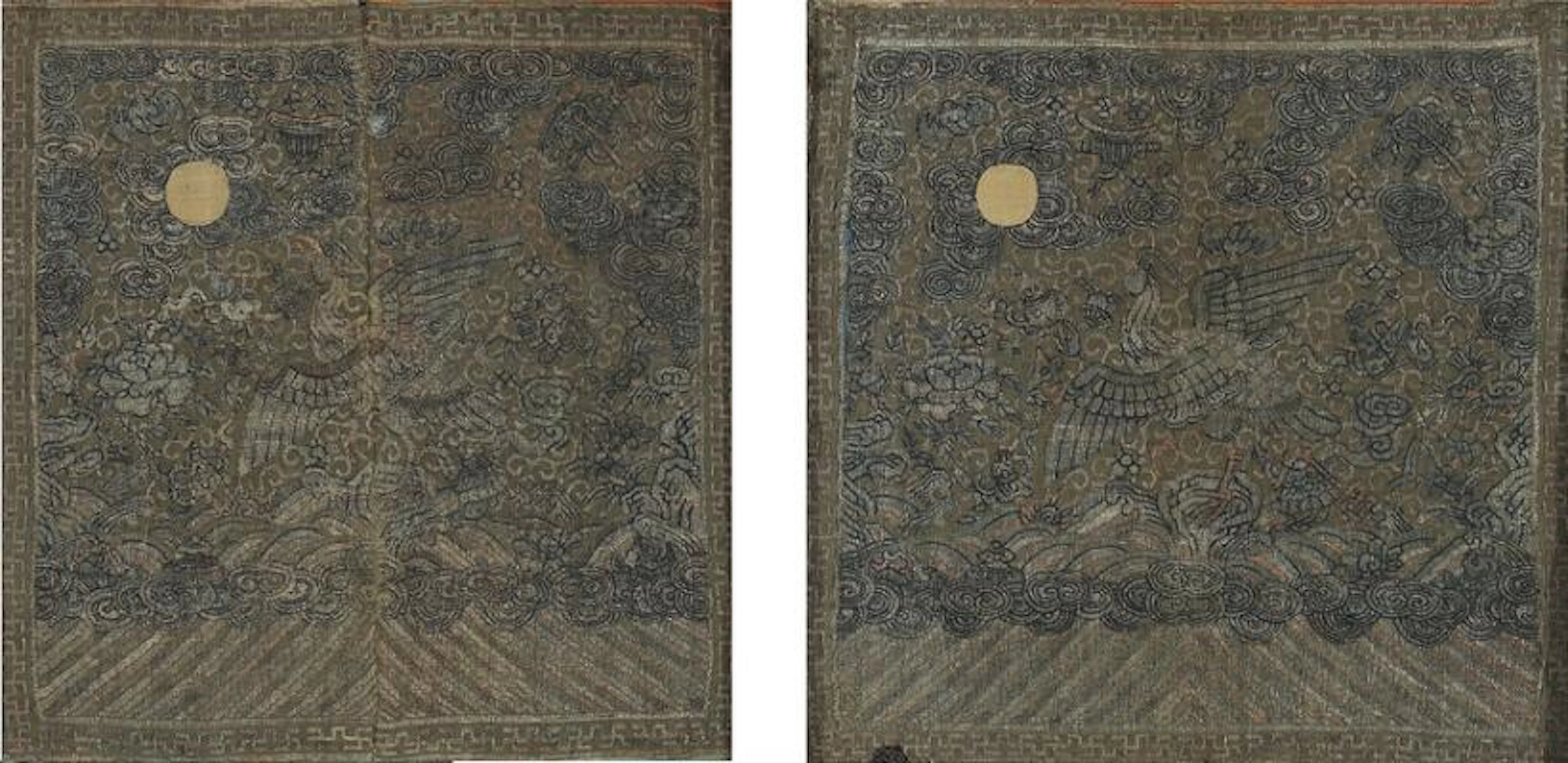 Two Chinese mandarin rank badges, silk weaving. Framed. Late Qing