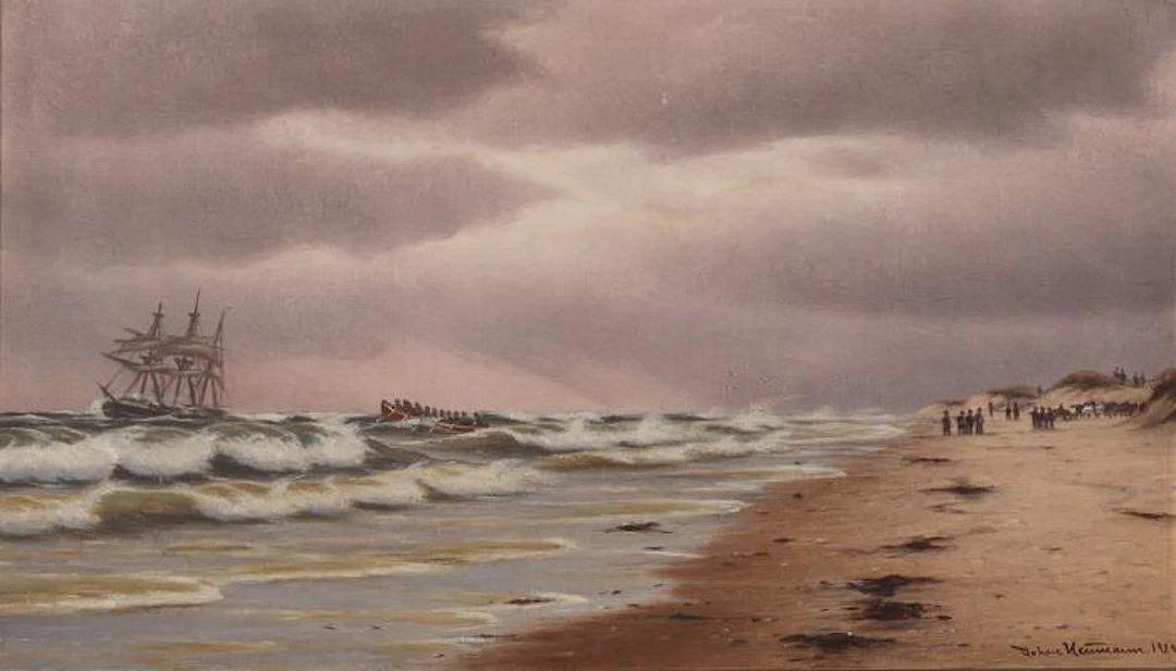 Johan Neumann: The rescue boat sets out to a wrecked Ship. Signed