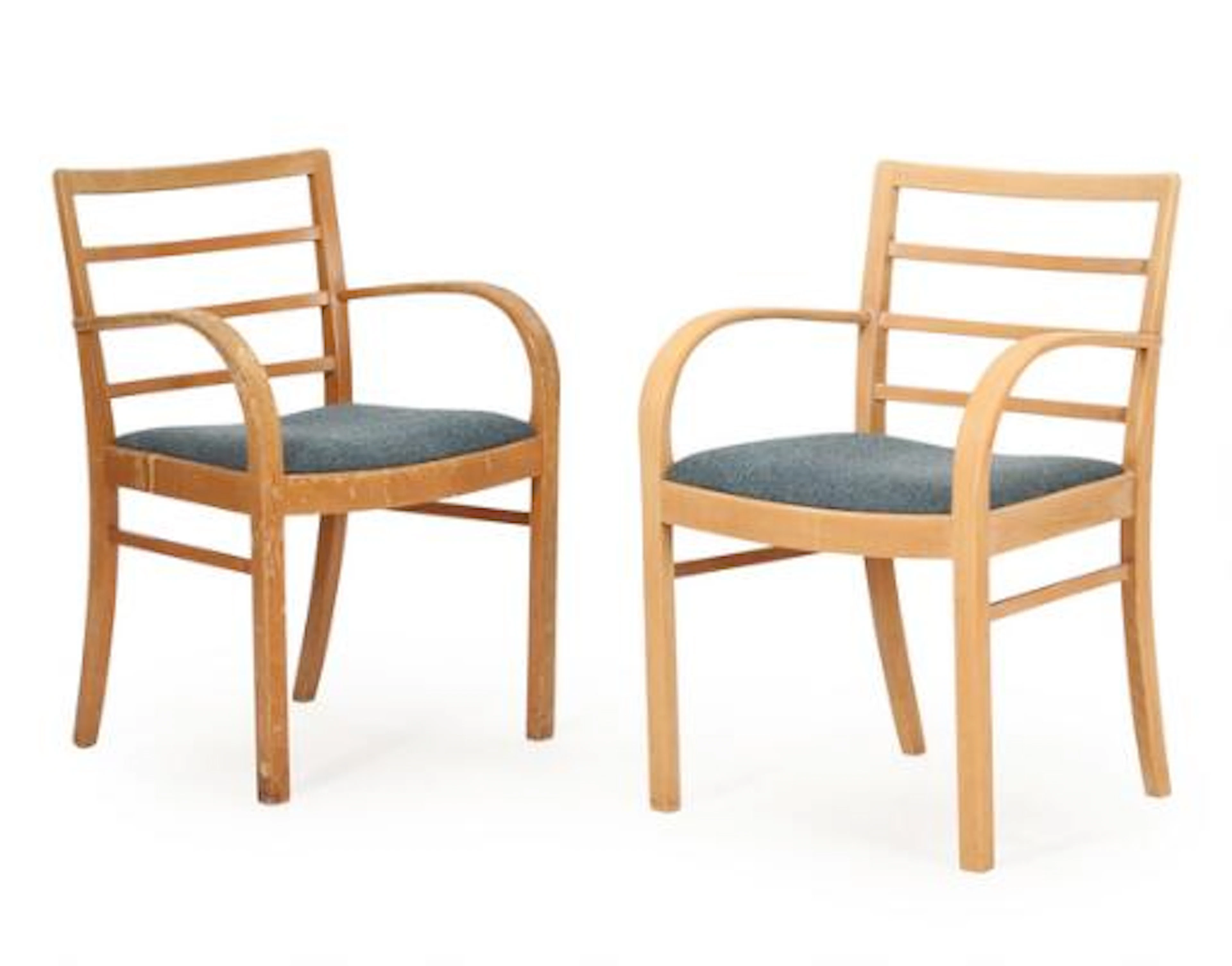 Fritz Hansen: A pair of beech framed armchairs, upholstered with greyish